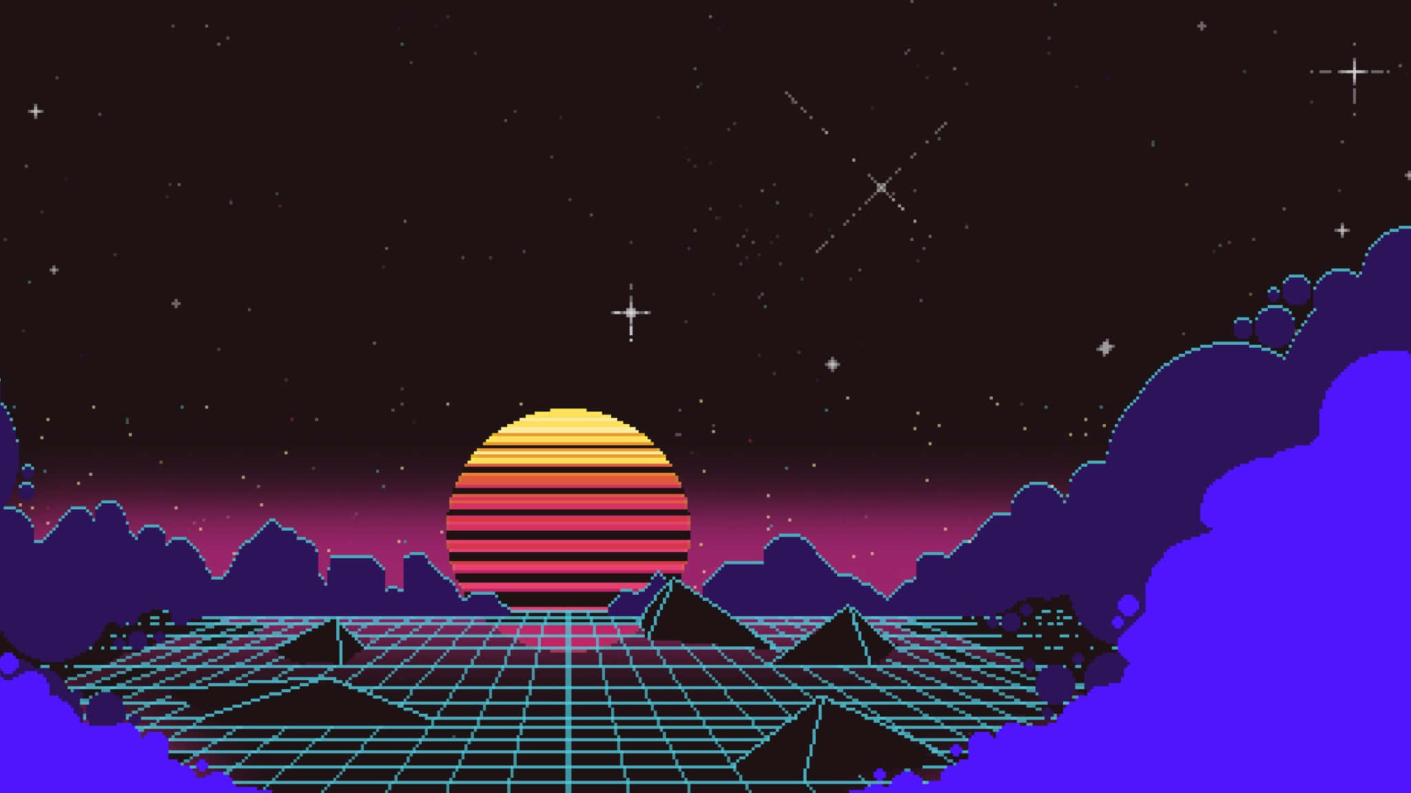 2048x1152 pixel, retrofuturistic sunset, striped sun, Full HD Desktop Wallpaper