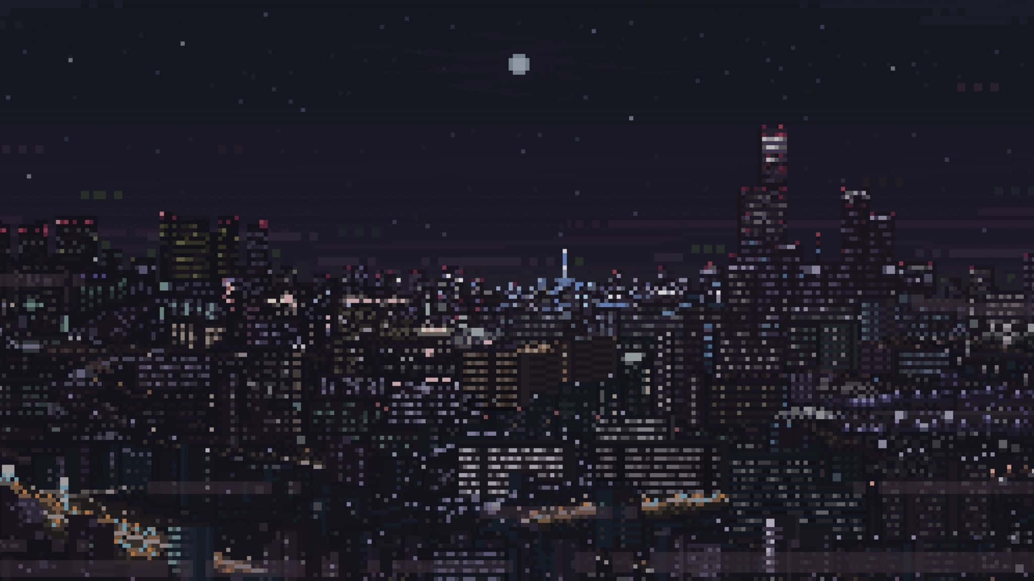 2048x1152 pixel, pixel art cityscape, night, Full HD Desktop Wallpaper