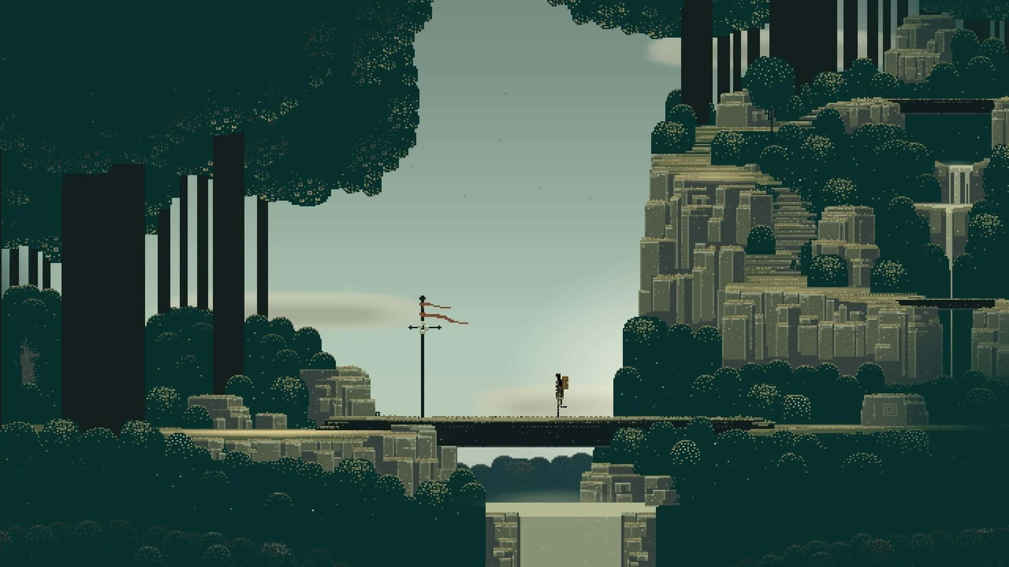 2048x1152 pixel, bridge, pixelated forest, Full HD Desktop Wallpaper