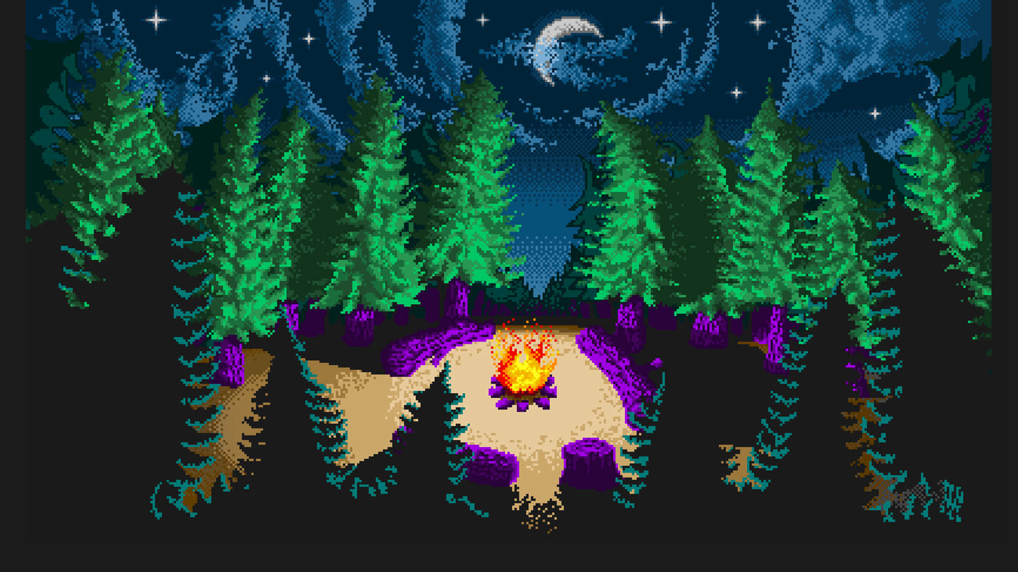 2048x1152 pixel, pixel-art campfire, forest clearing, Full HD Desktop Wallpaper