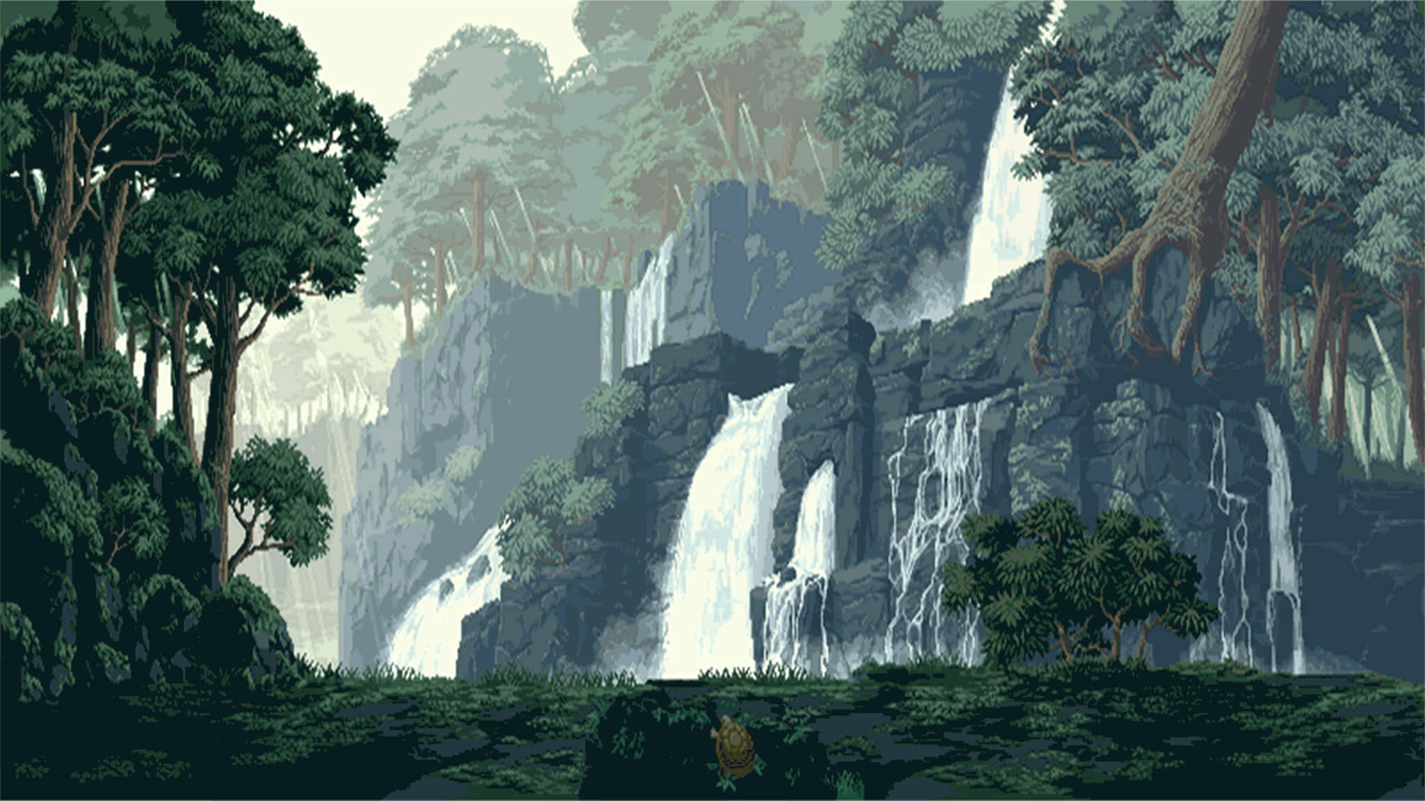 2048x1152 Pixel, pixel-art forest, waterfalls, Full HD Desktop Wallpaper