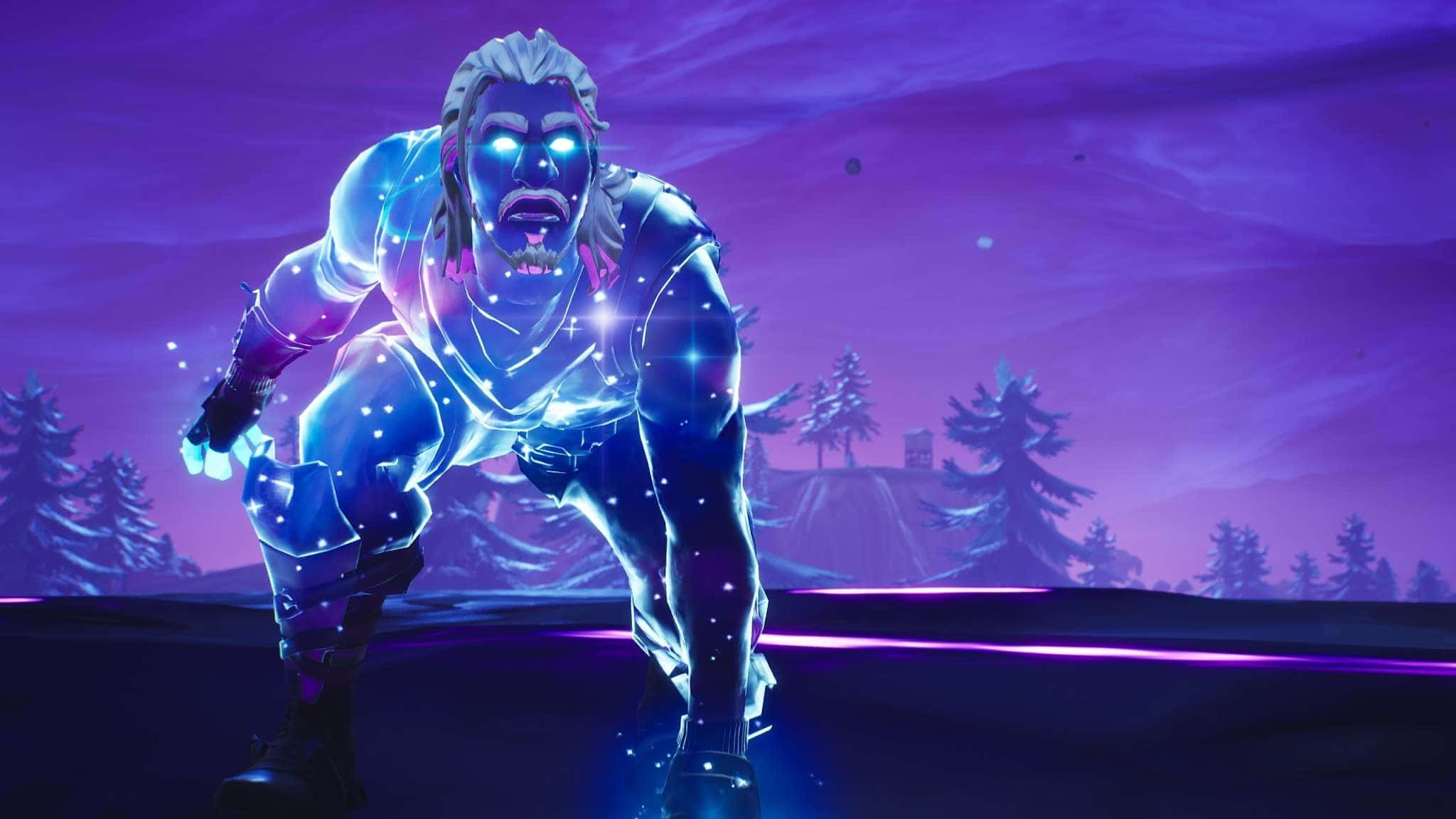 2048x1152 pixel, glowing blue cosmic warrior, purple twilight forest, Full HD Desktop Wallpaper