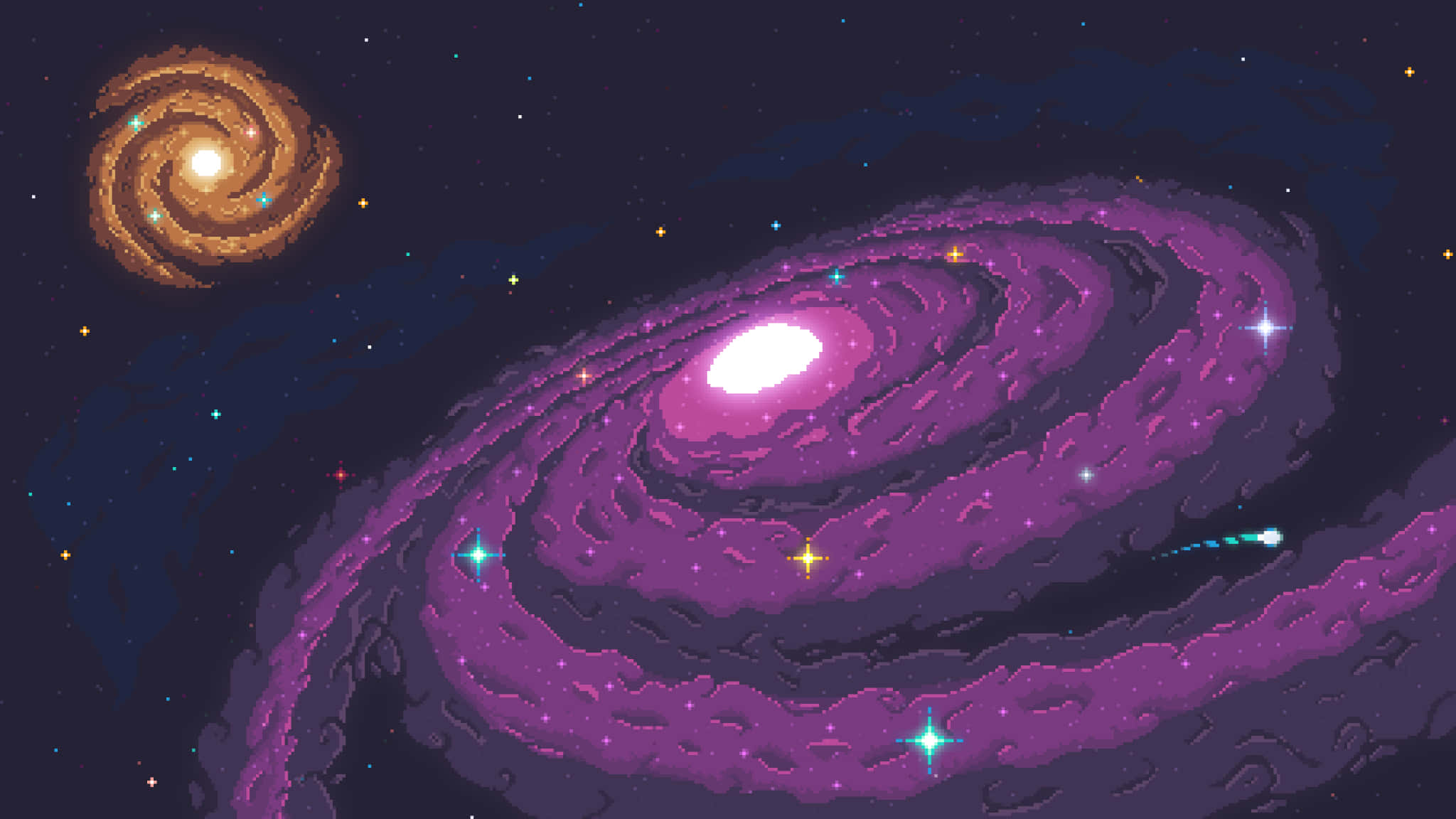 2048x1152 pixel, vibrant pixel-art galaxy, swirling purple arms, Full HD Desktop Wallpaper