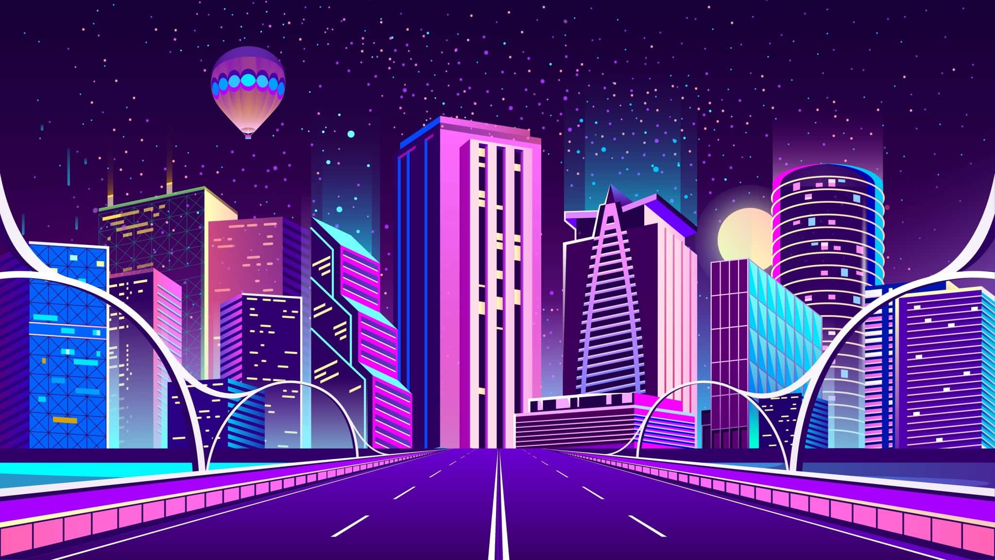 2048x1152 Pixel, neon-drenched futuristic cityscape, glowing skyscrapers, Full HD Desktop Wallpaper