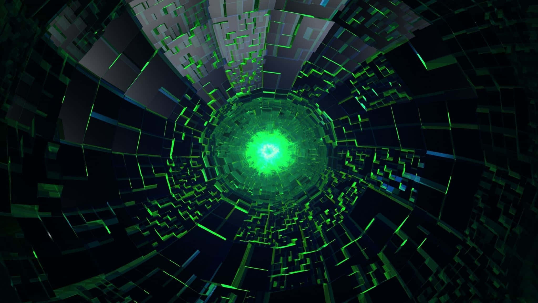 2048x1152 pixel, glowing green digital tunnel, geometric blocks, Full HD Desktop Wallpaper