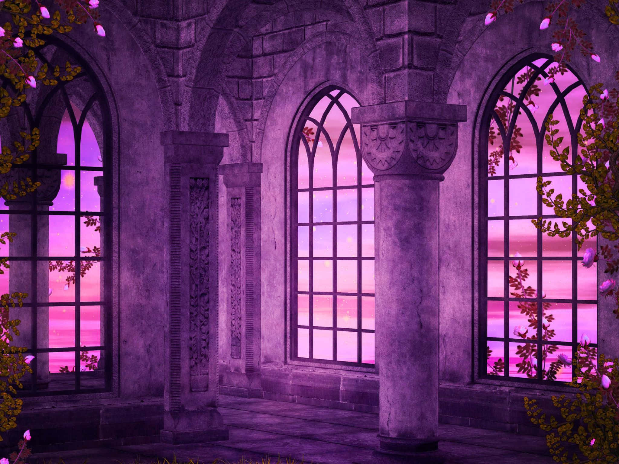 Ancient stone arches, Gothic windows, Surreal pink and purple sunset sky, Full HD Desktop Wallpaper