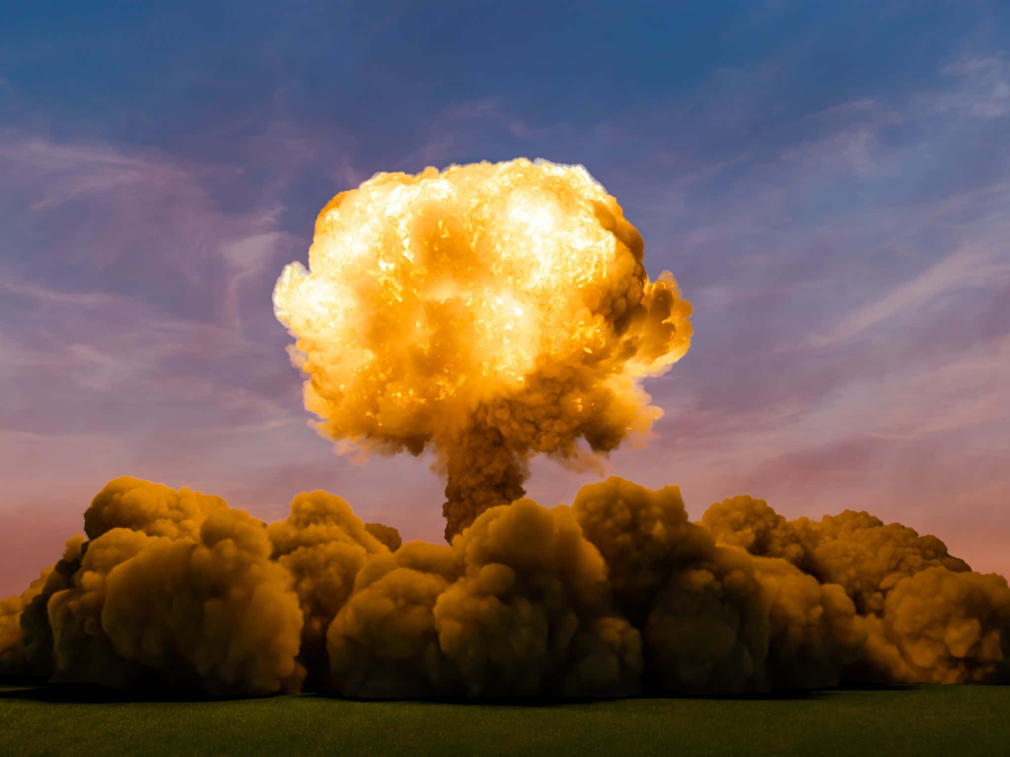 nuclear explosion, fiery orange mushroom cloud, twilight sky, Full HD Desktop Wallpaper