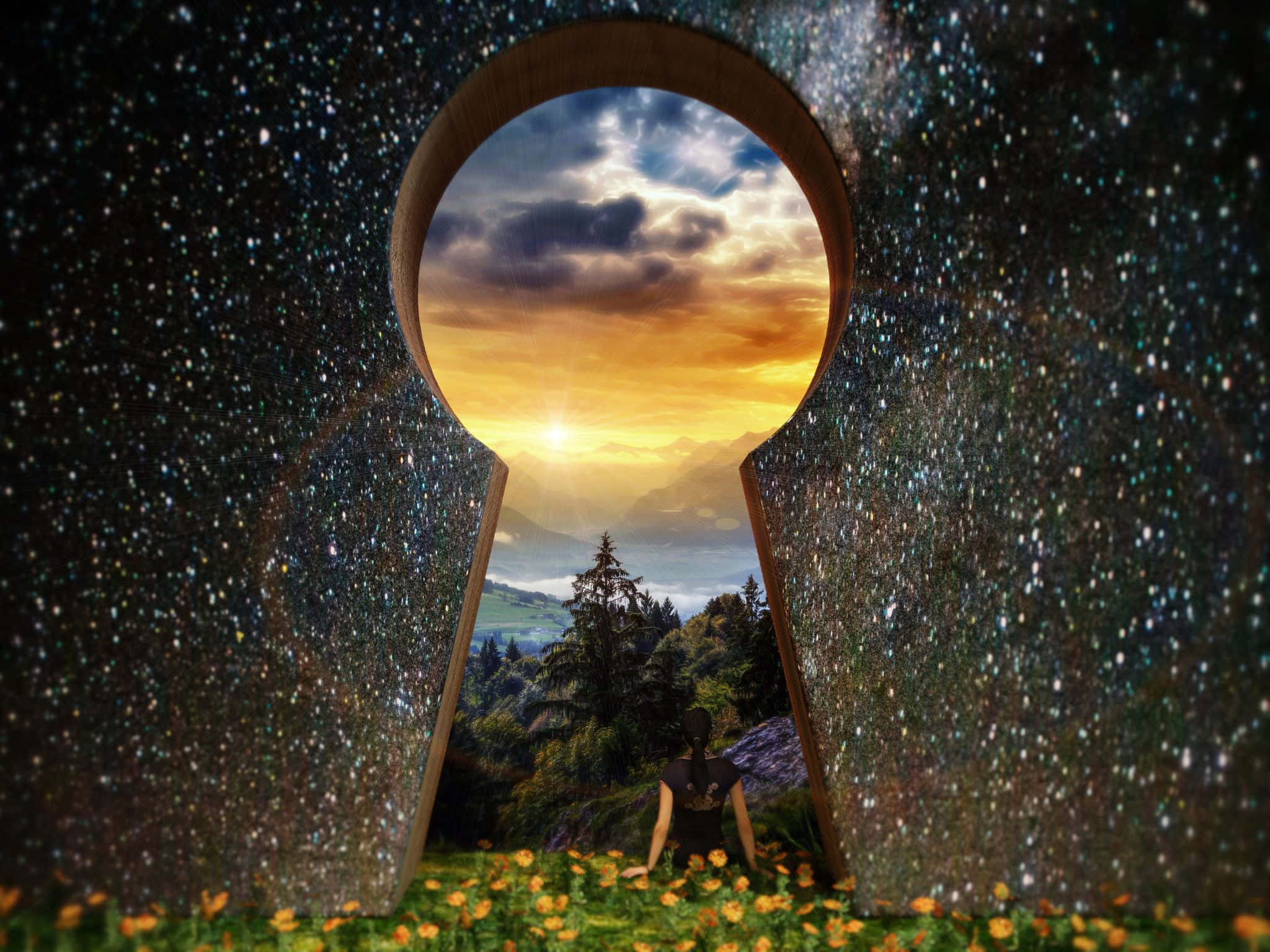 keyhole, starry sky, mountain sunset, Full HD Desktop Wallpaper