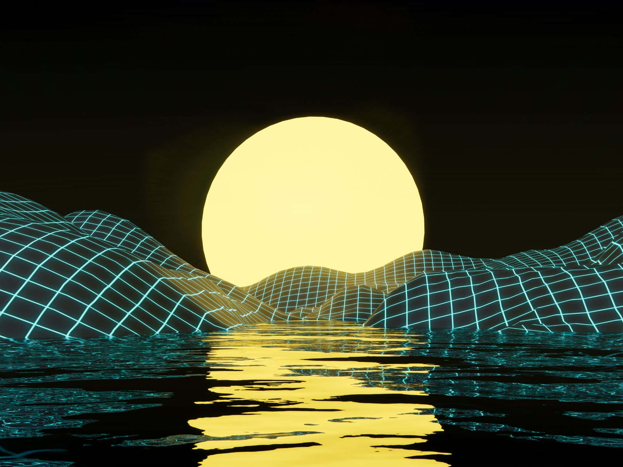 neon grid mountains, dark teal water, black sky, Full HD Desktop Wallpaper