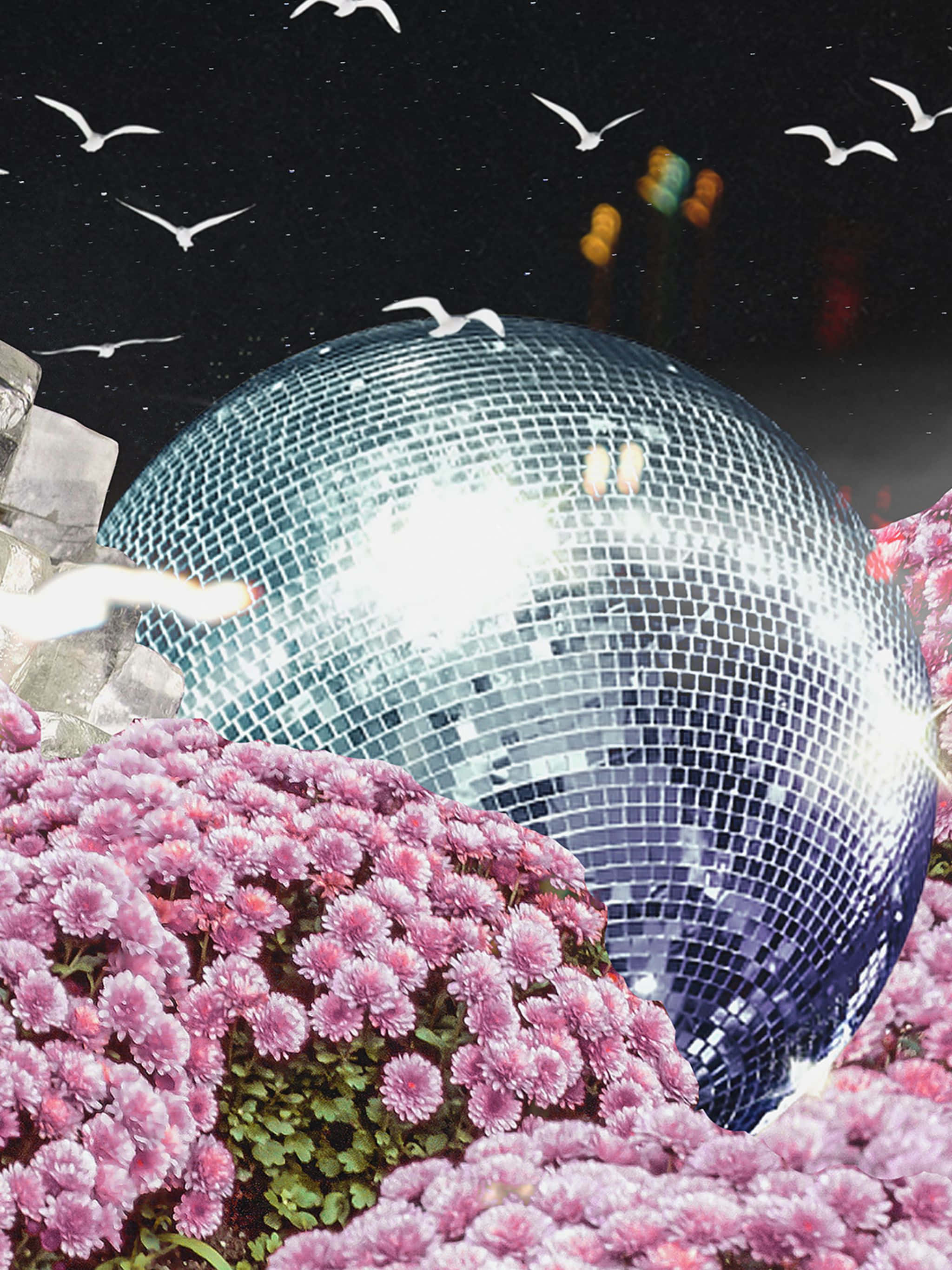 2048x2732, disco ball, vibrant pink flowers, 2K Phone Wallpaper