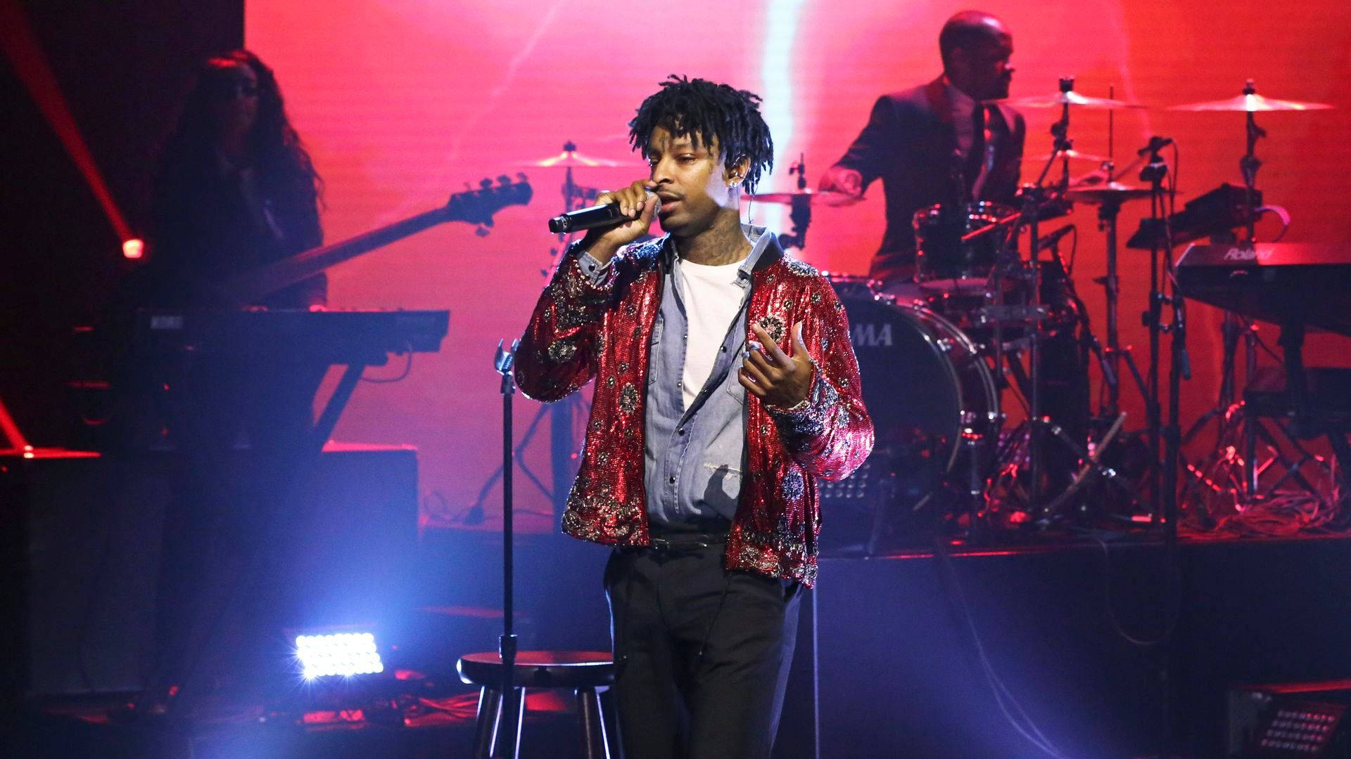 21 Savage, red patterned jacket, vibrant red and blue lights, Full HD Desktop Wallpaper
