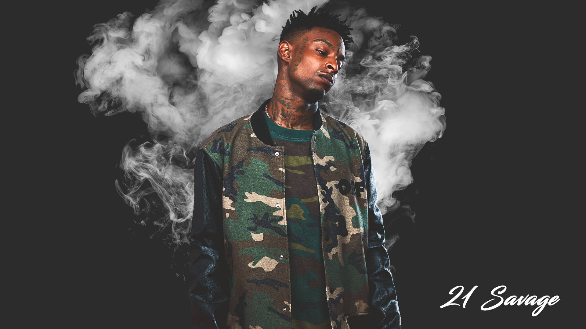 21 Savage, camouflage jacket, dark background, Full HD Desktop Wallpaper