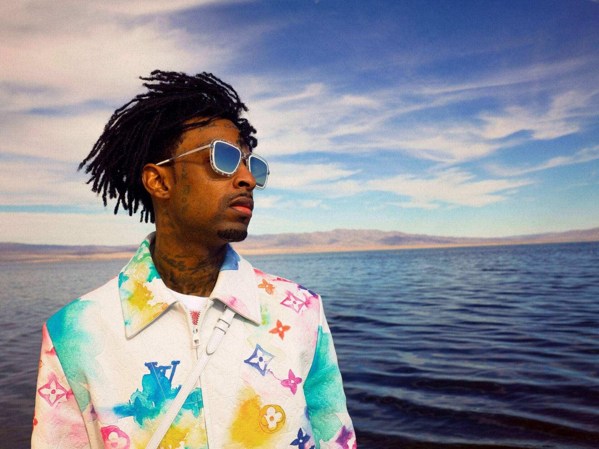 21 Savage, colorful LV jacket, blue lake, Full HD Desktop Wallpaper