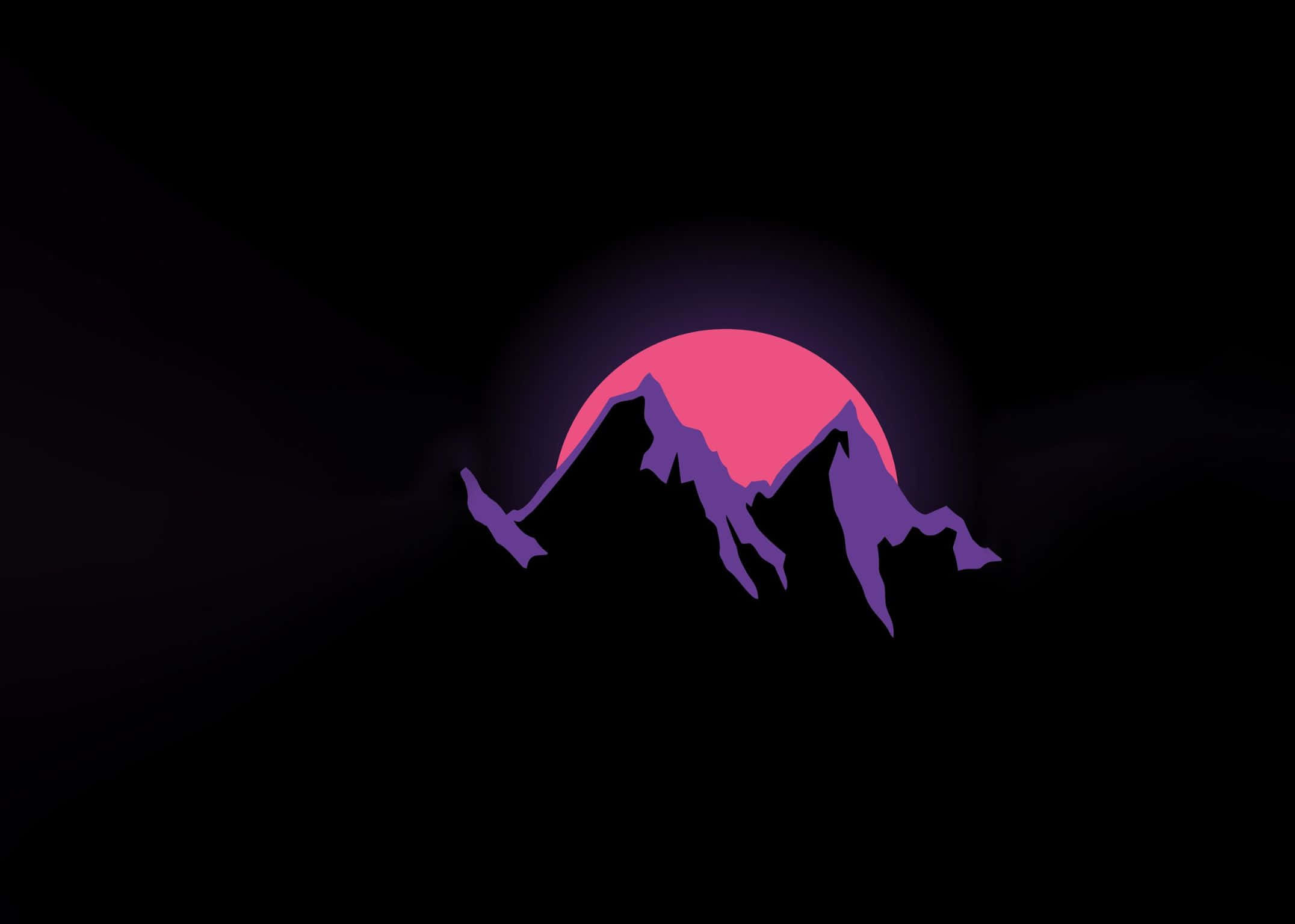 purple mountain silhouette, glowing pink sunset, dark background, Full HD Desktop Wallpaper