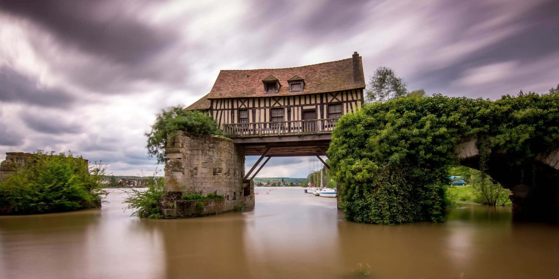 2160x1080, half-timbered house, stone bridge, Full HD Desktop Wallpaper