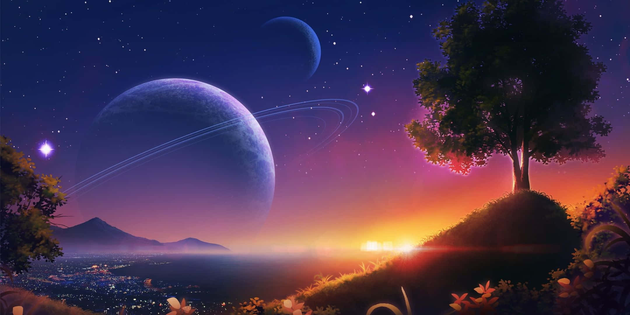 Golden Sunset, glowing city, giant ringed planet, Full HD Desktop Wallpaper