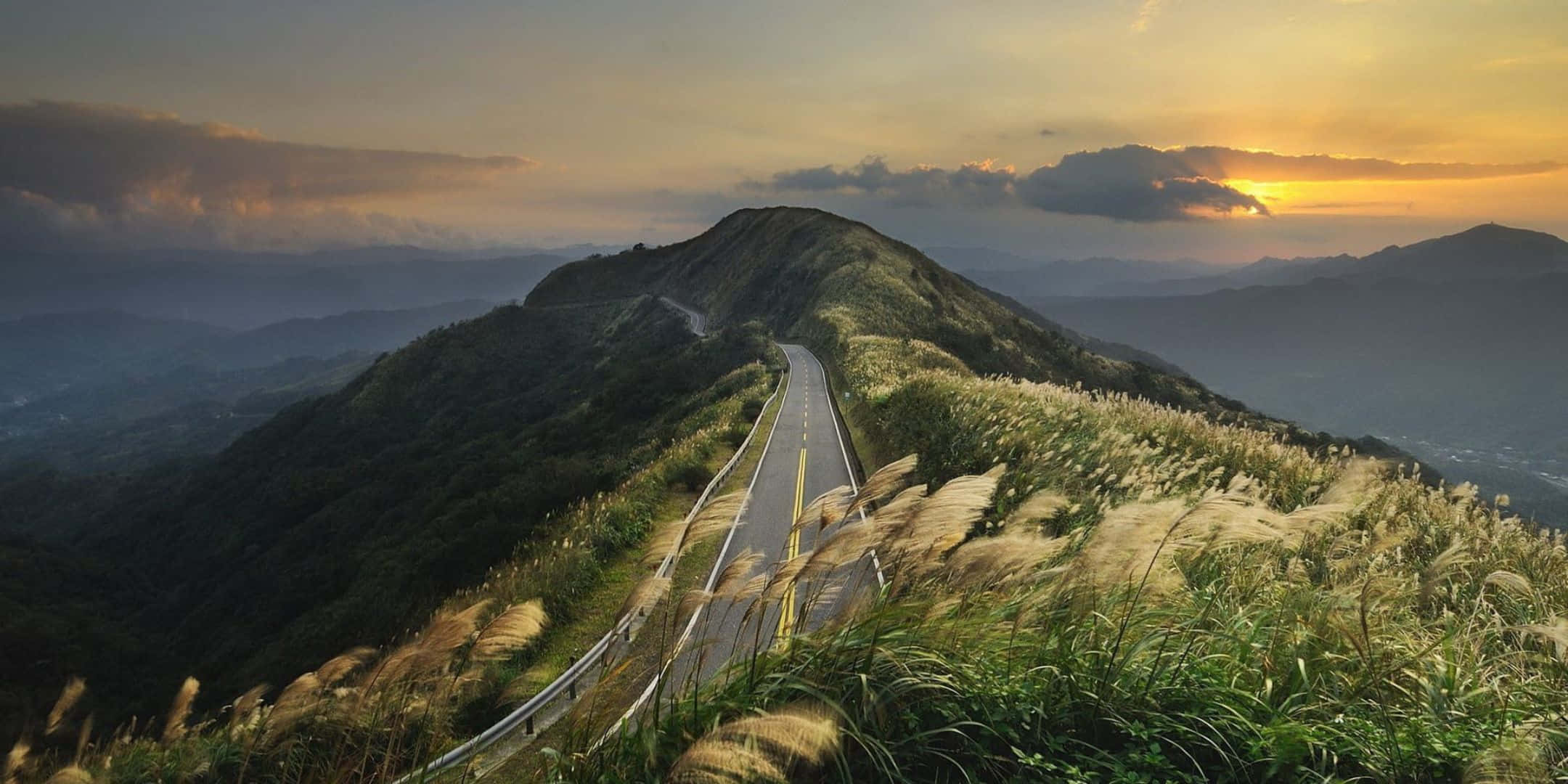2160x1080, mountain road, golden grasses, Full HD Desktop Wallpaper