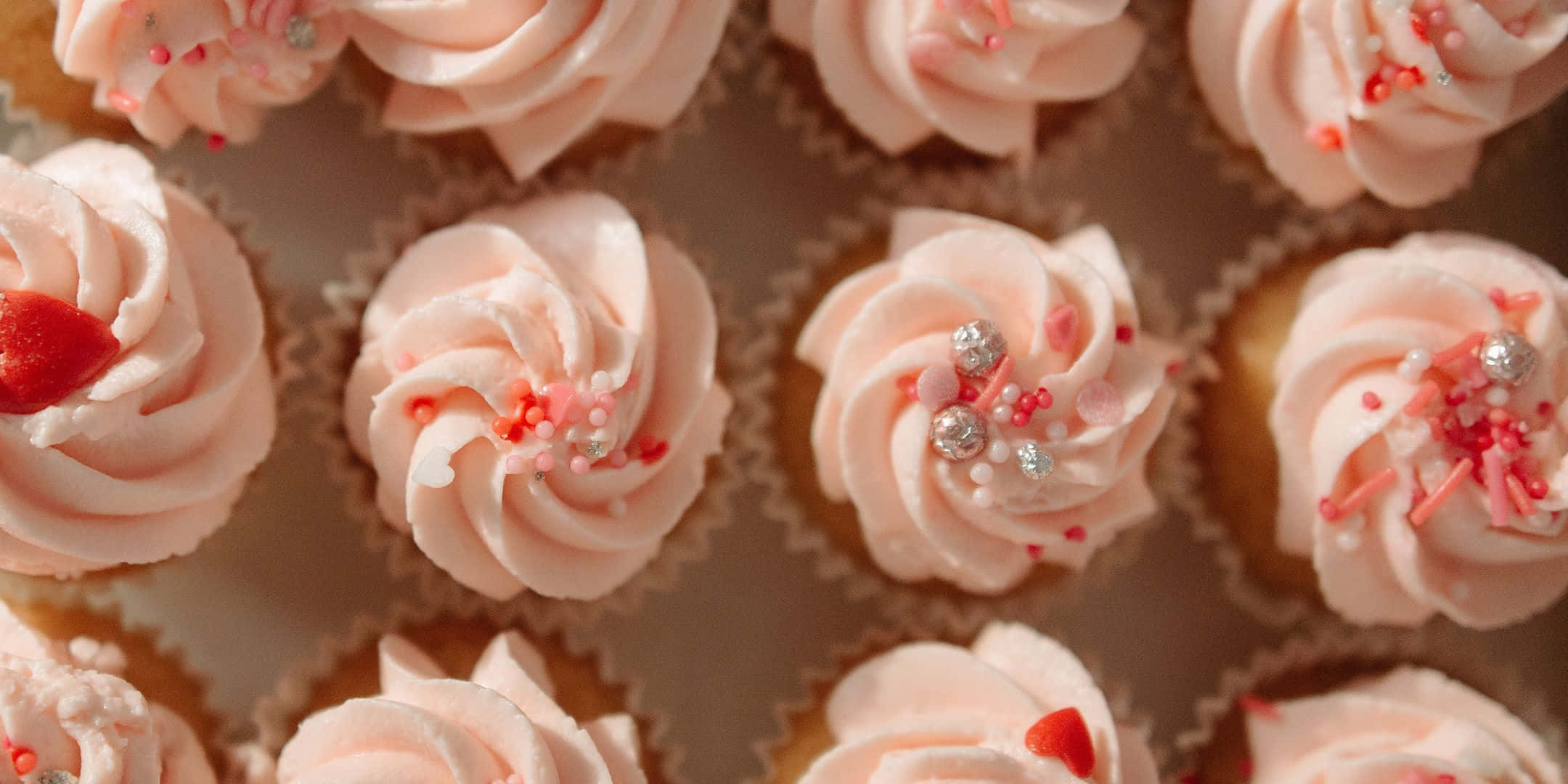 pink-frosted cupcakes, sprinkles, heart-shaped decorations, Full HD Desktop Wallpaper