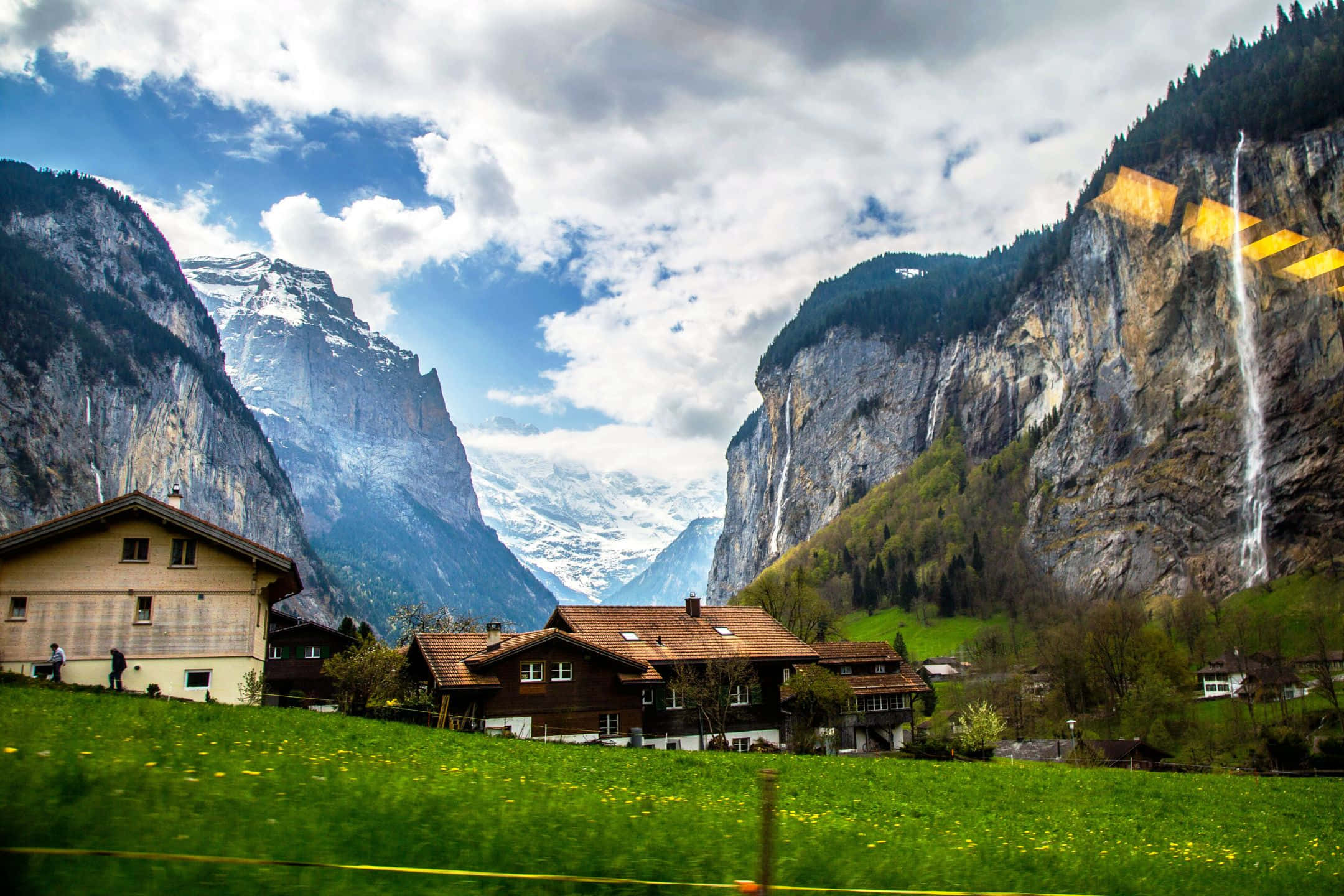 2160x1440, alpine village, snow-capped mountains, Full HD Desktop Wallpaper