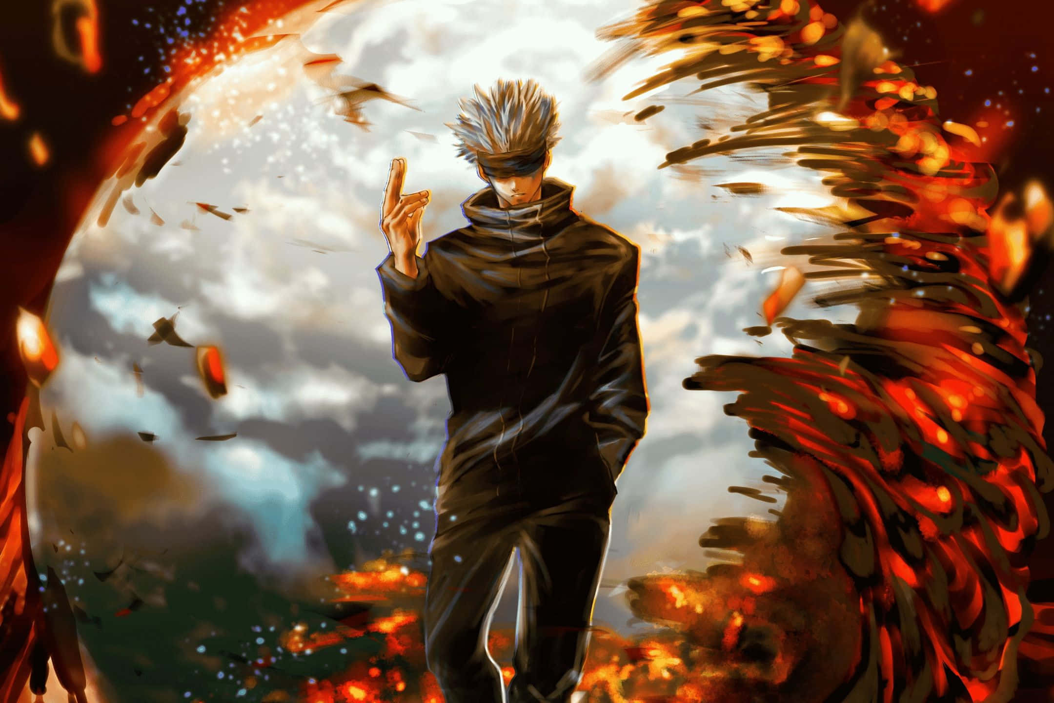 spiky-haired anime character, black robes, fiery energy, Full HD Desktop Wallpaper