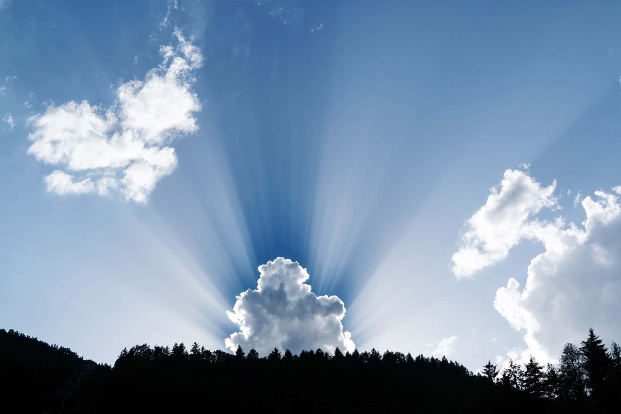 Sunlight beams, fluffy cloud, dark forest silhouette, Full HD Desktop Wallpaper