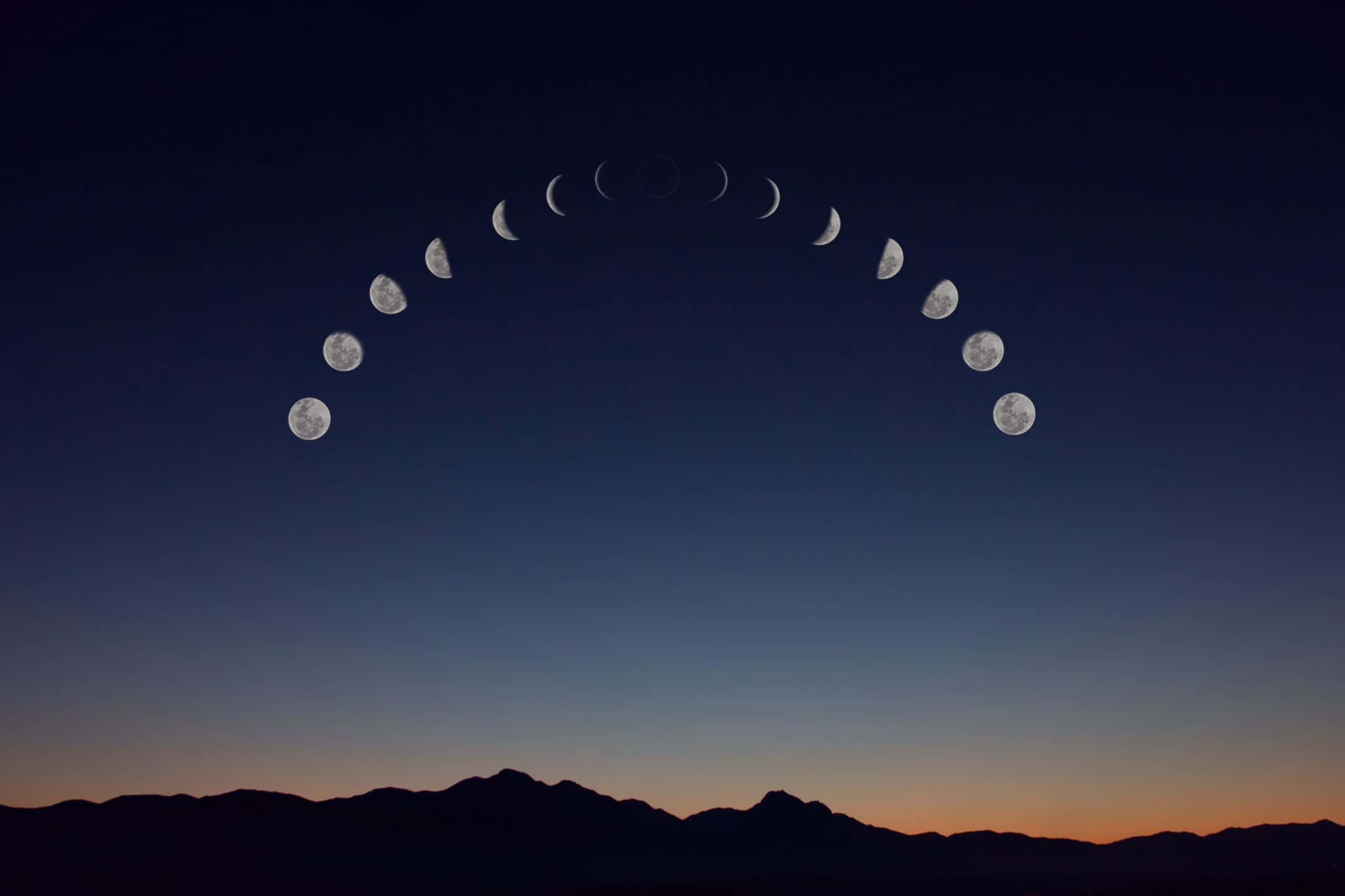 2160x1440, moon phases, silhouetted mountains, Full HD Desktop Wallpaper