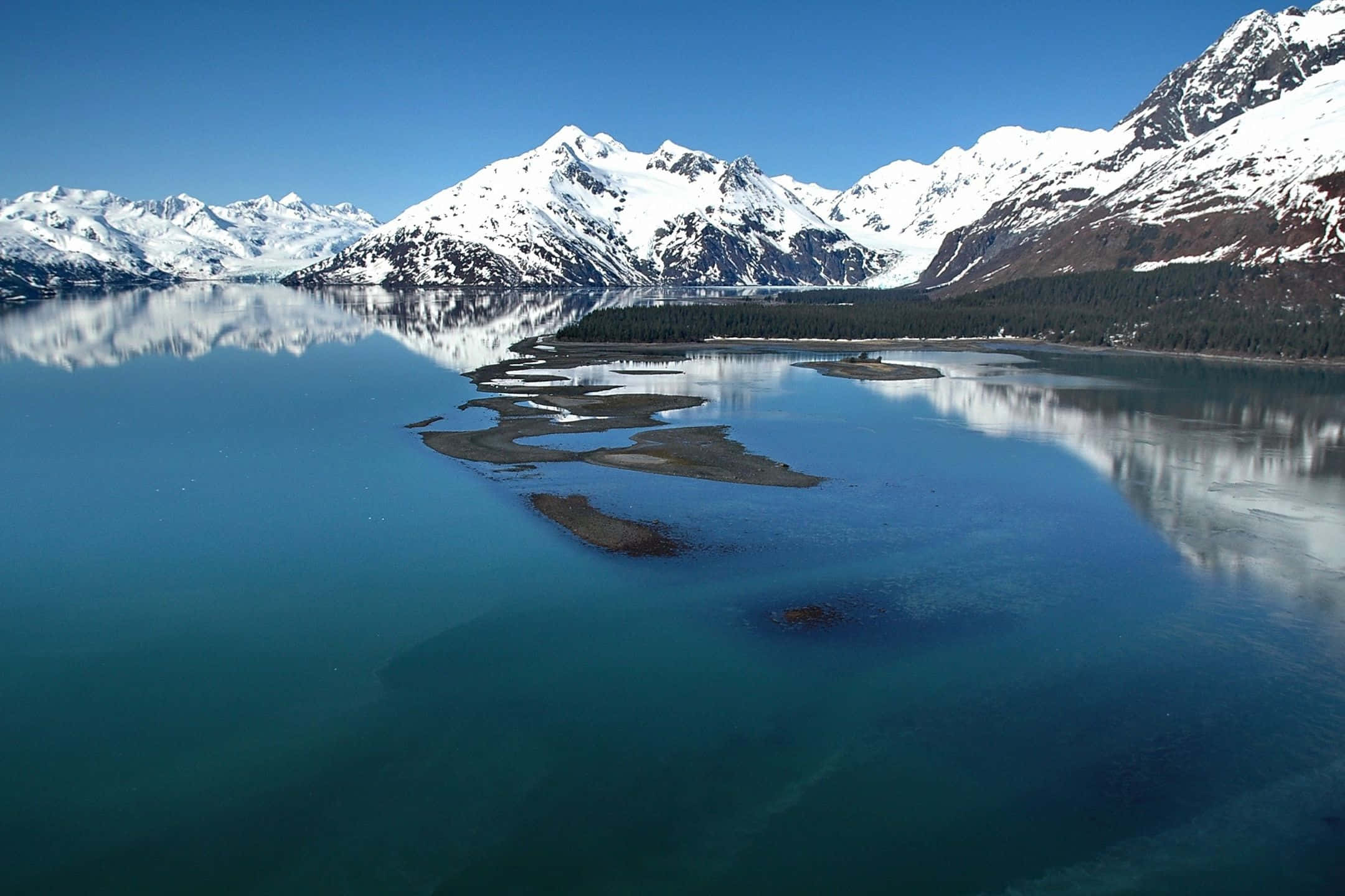 2160x1440, snowcapped mountains, calm turquoise waters, Full HD Desktop Wallpaper