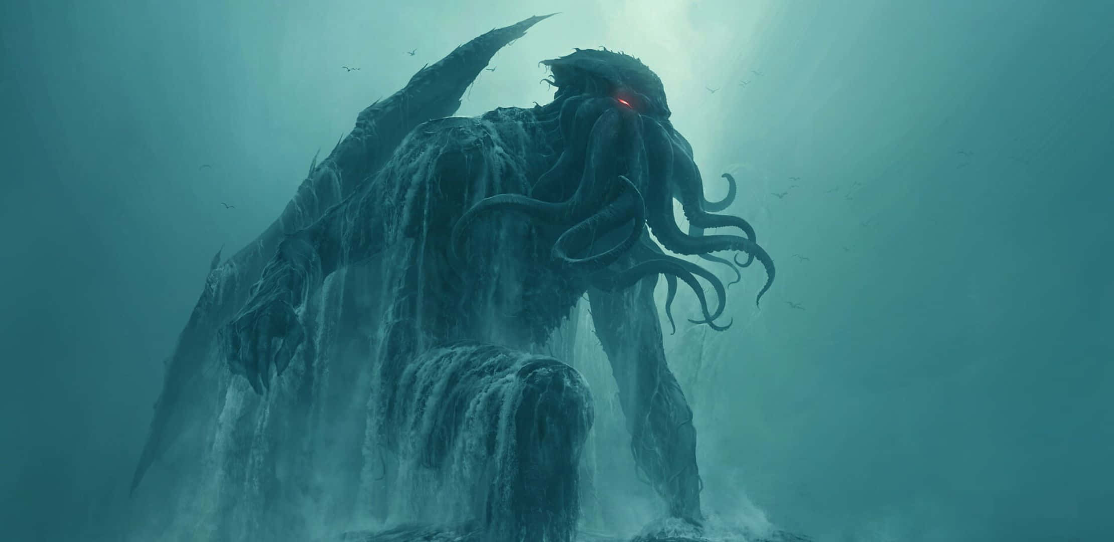 2220x1080, glowing red eyes, murky teal waters, Full HD Desktop Wallpaper