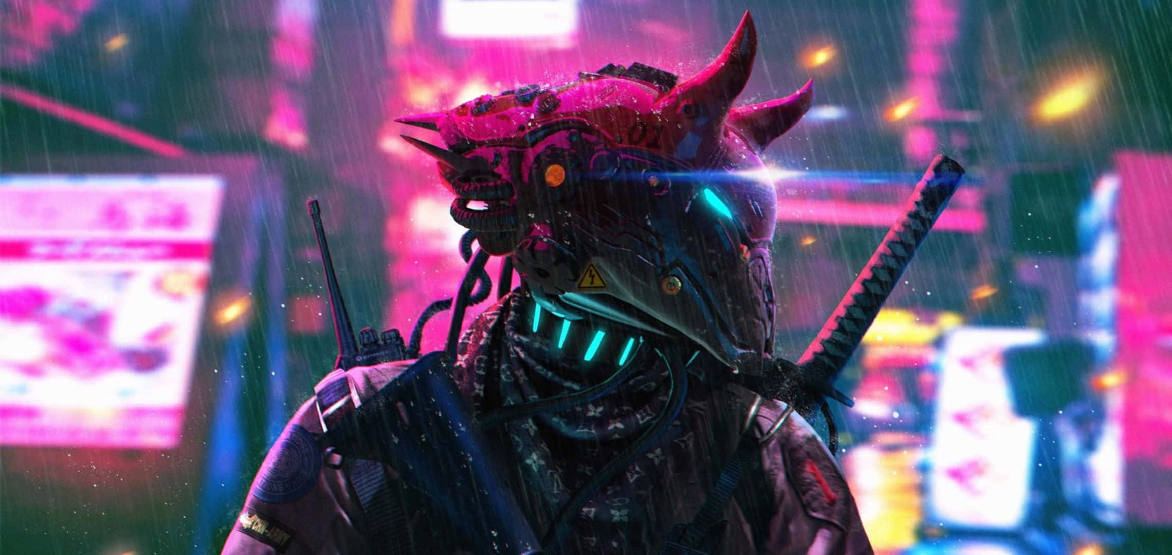 cyberpunk warrior, glowing blue accents, red horns, Full HD Desktop Wallpaper