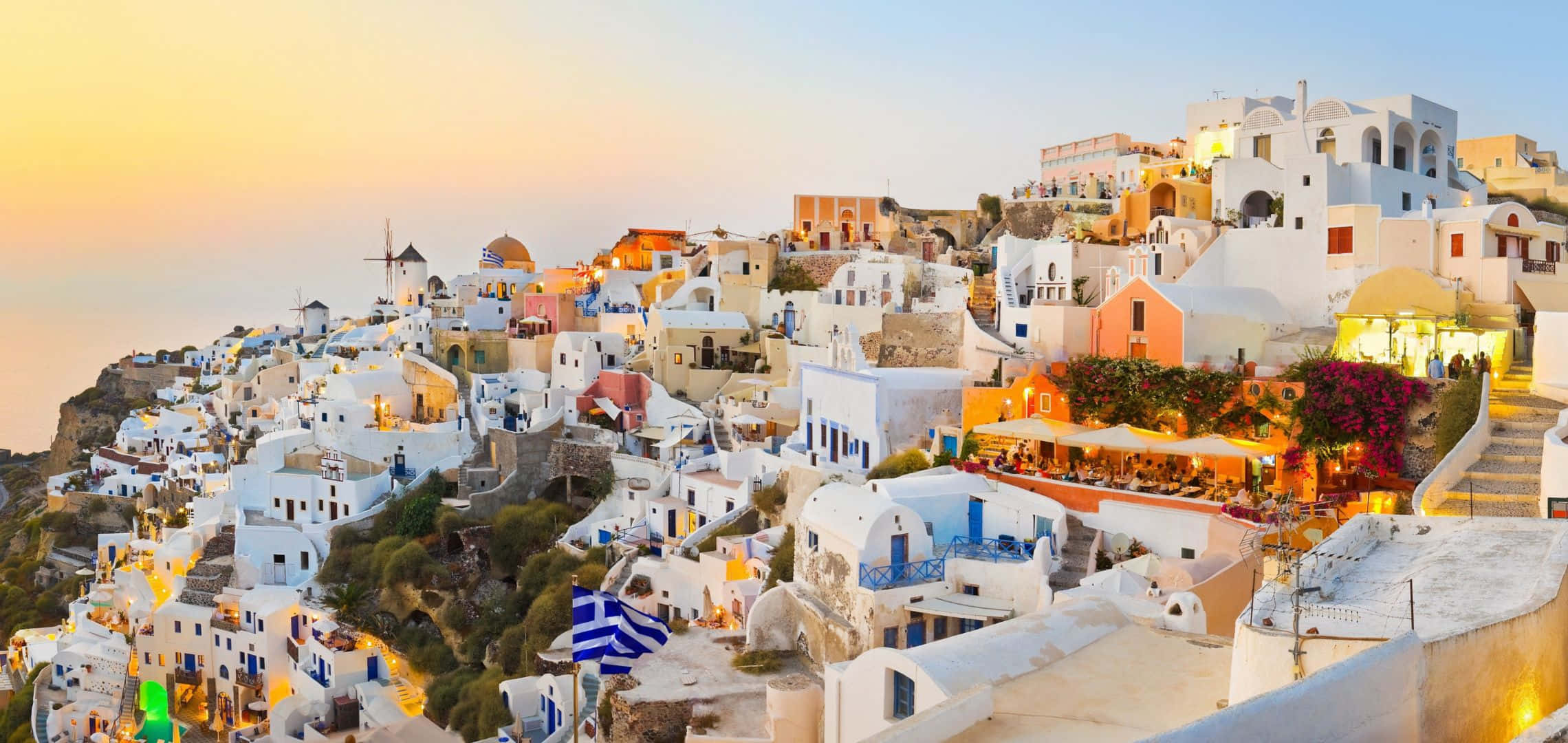 Sunset, whitewashed Greek village houses, cliffside, Full HD Desktop Wallpaper