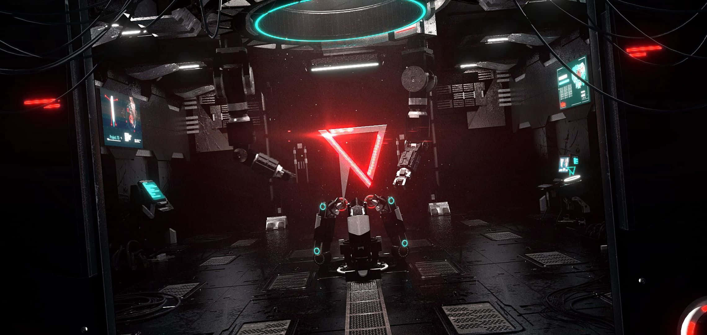 futuristic robot, dark sci-fi chamber, glowing red and teal lights, Full HD Desktop Wallpaper