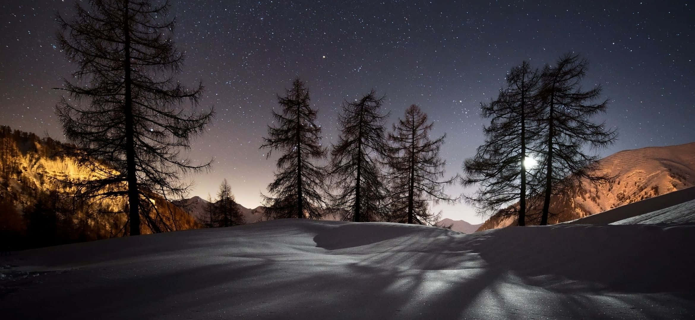 2340x1080, snowy mountain ridge, starry sky, Full HD Desktop Wallpaper