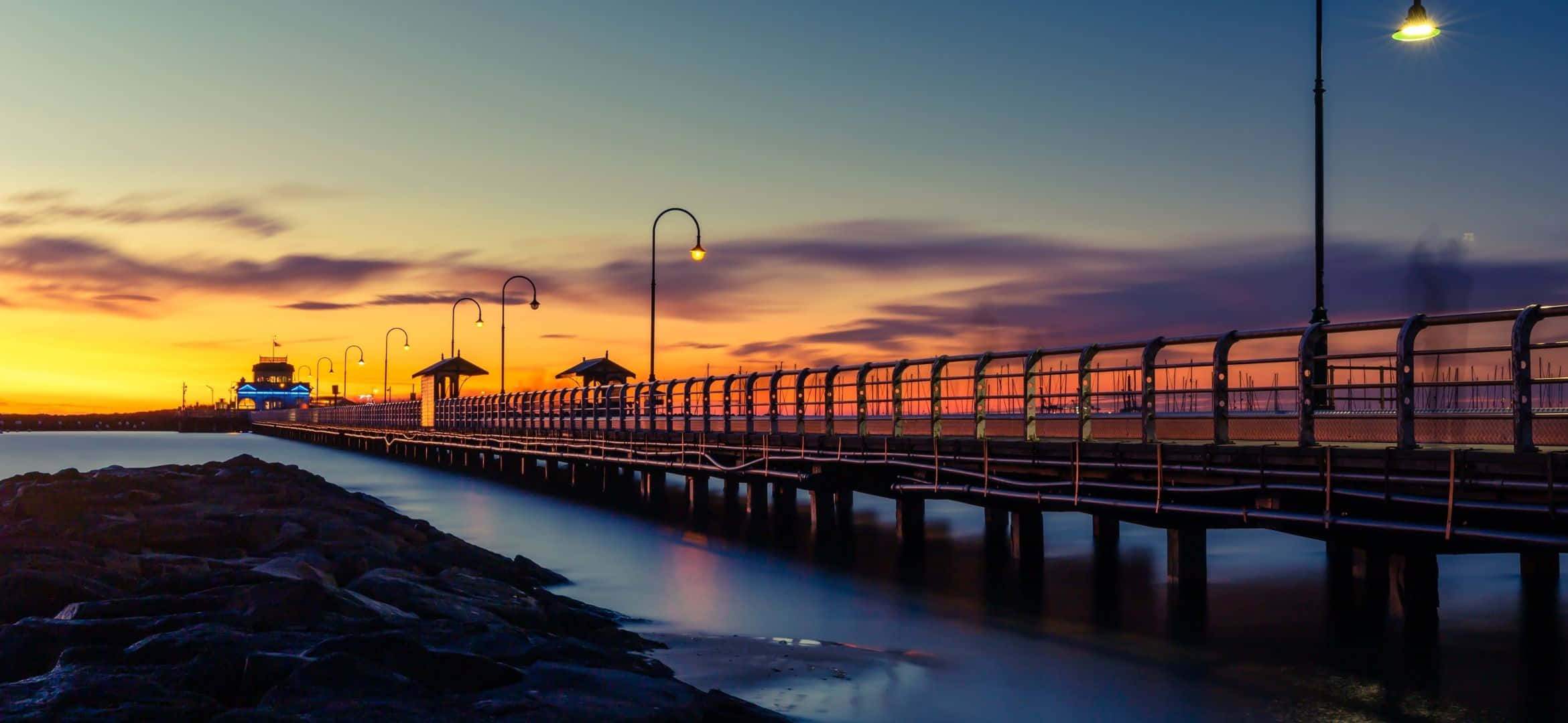 sunset, calm waters, long pier, Full HD Desktop Wallpaper