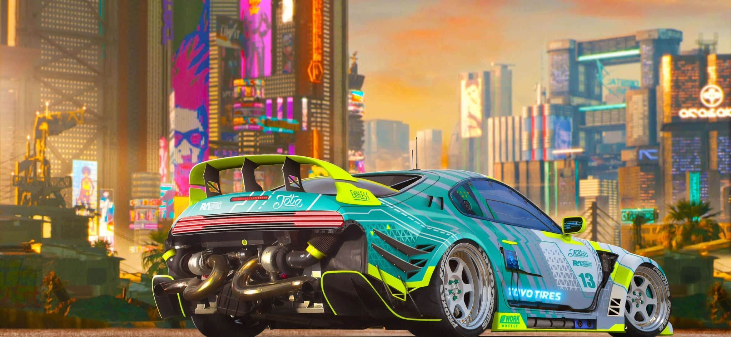 2340x1080, neon-lit futuristic race car, glowing accents, Full HD Desktop Wallpaper