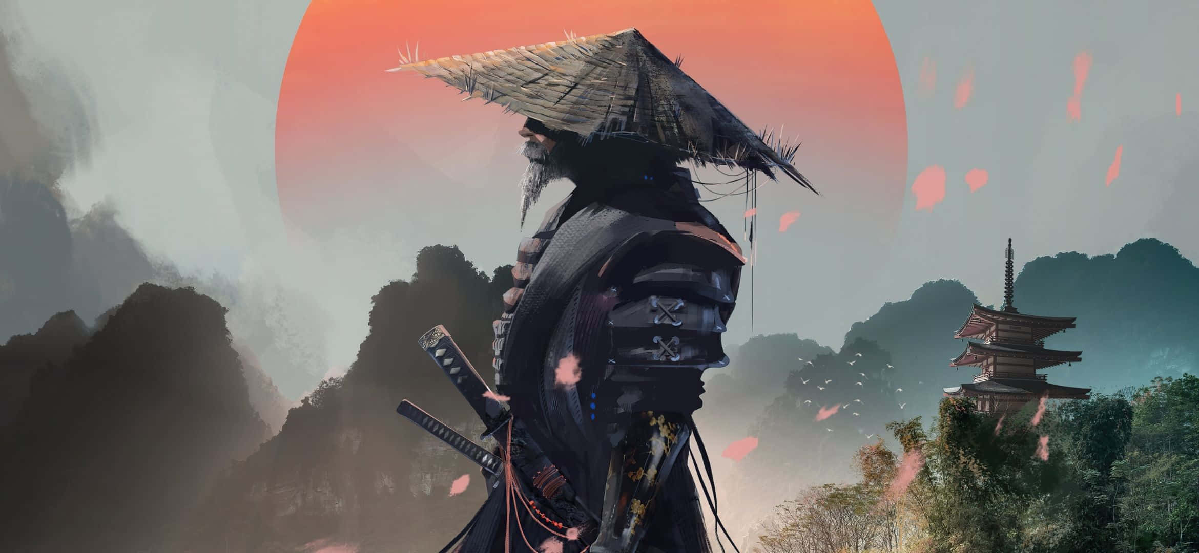 samurai, traditional armor, straw hat, Full HD Desktop Wallpaper