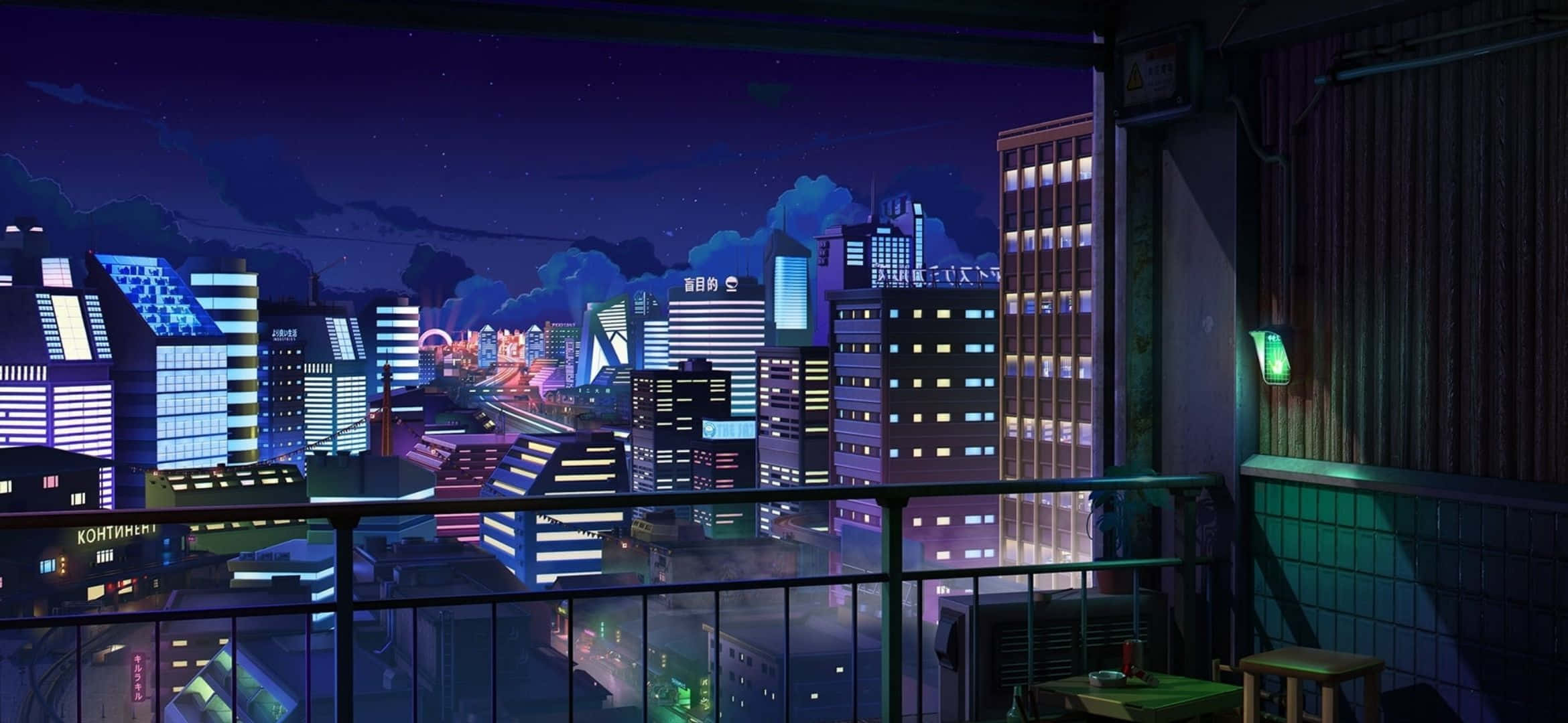 2340x1080, anime-style cityscape, night, Full HD Desktop Wallpaper
