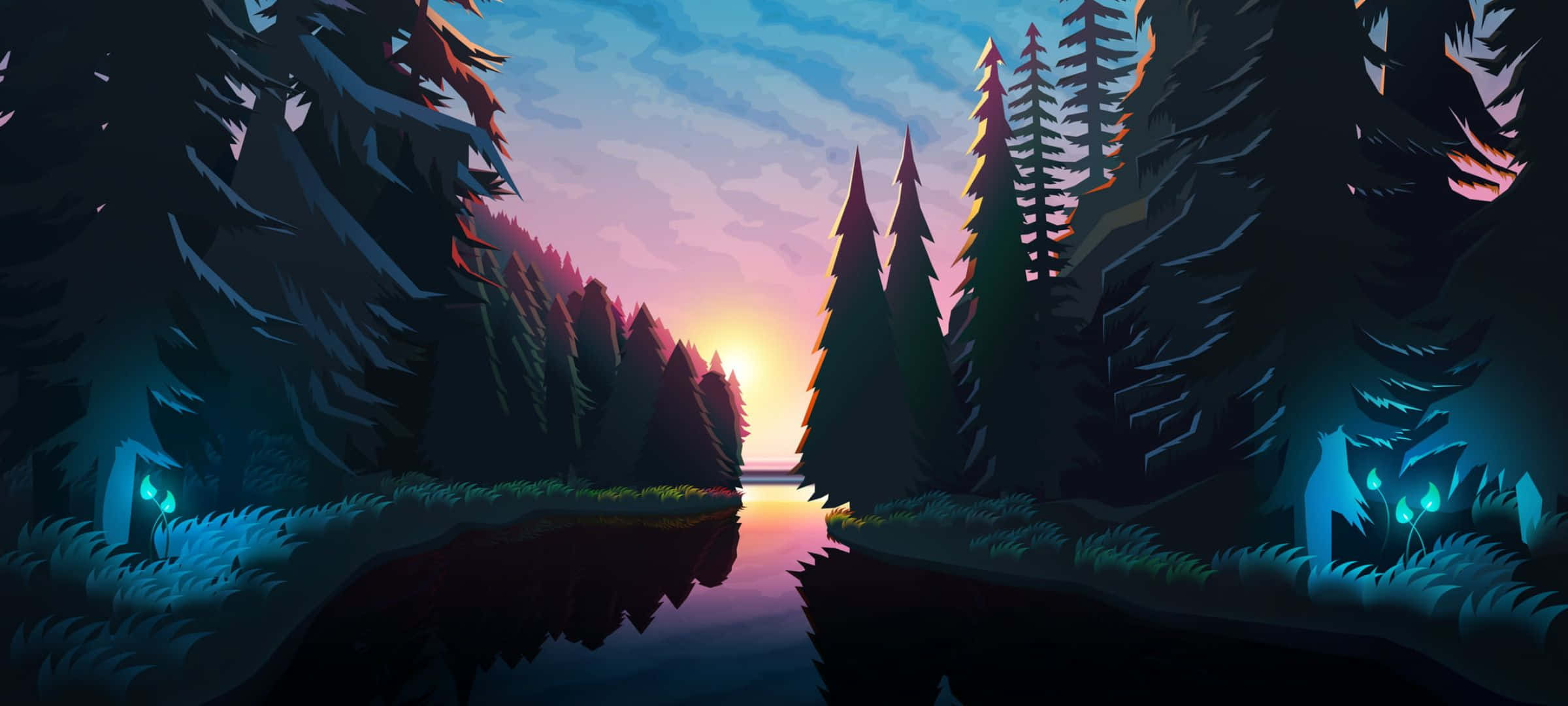 twilight forest, pine trees, calm river, Full HD Desktop Wallpaper
