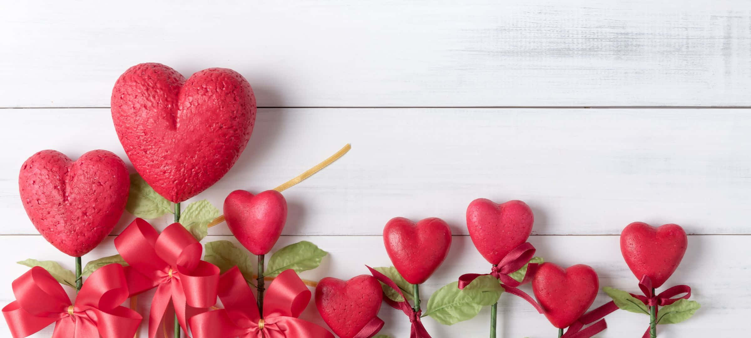 2400x1080, red heart-shaped candies, ribbons, Full HD Desktop Wallpaper