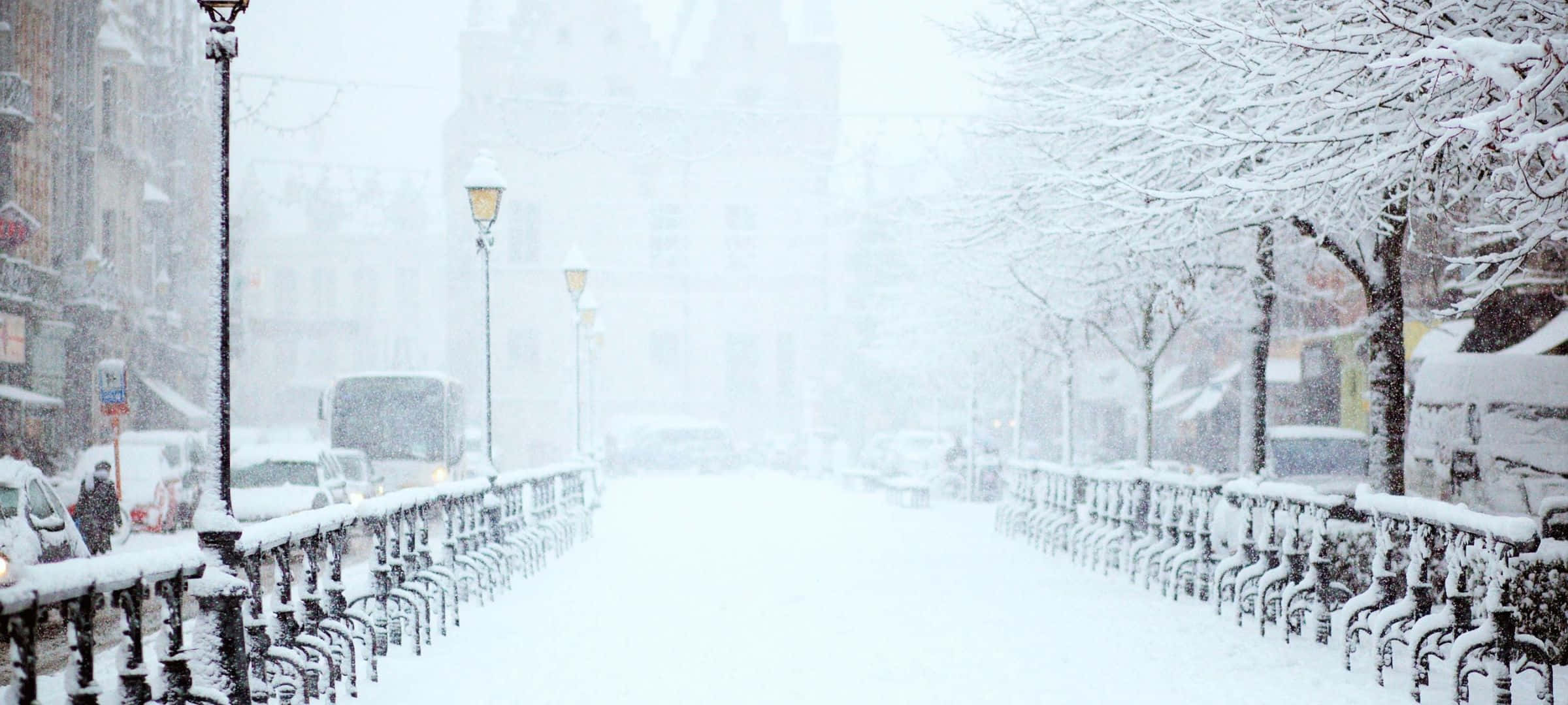 2400x1080, snowy urban street, snow-covered trees, Full HD Desktop Wallpaper