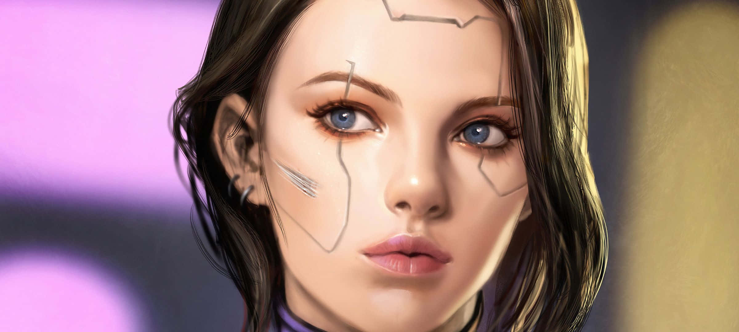 cybernetic enhancements, glowing blue eyes, purple background, Full HD Desktop Wallpaper