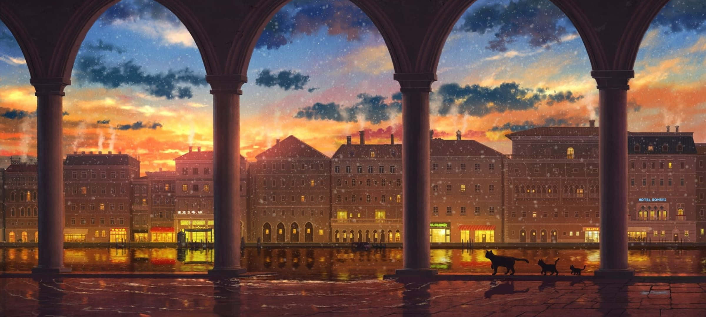 2400x1080, twilight, arched colonnades, Full HD Desktop Wallpaper
