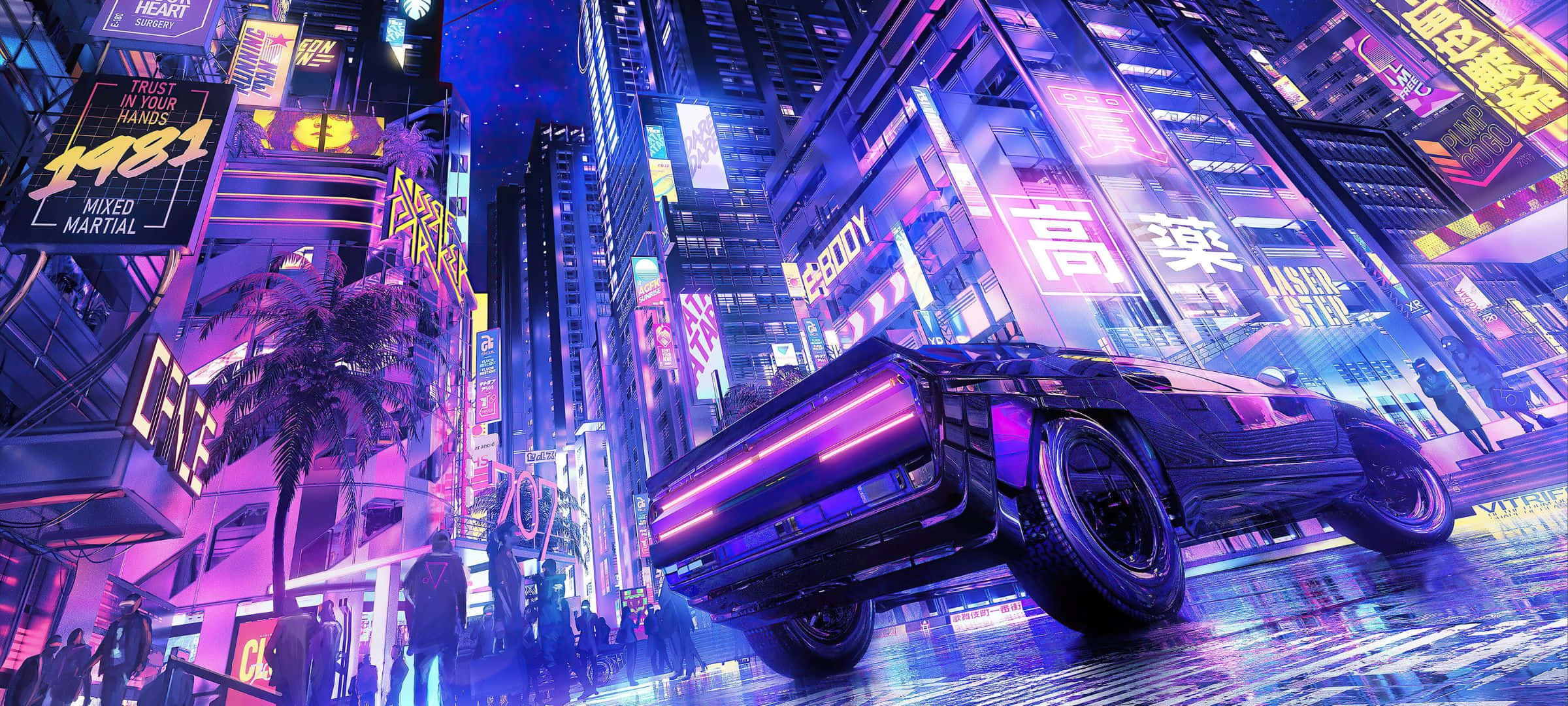 2400x1080, neon-drenched cyberpunk cityscape, sleek black sports car, Full HD Desktop Wallpaper