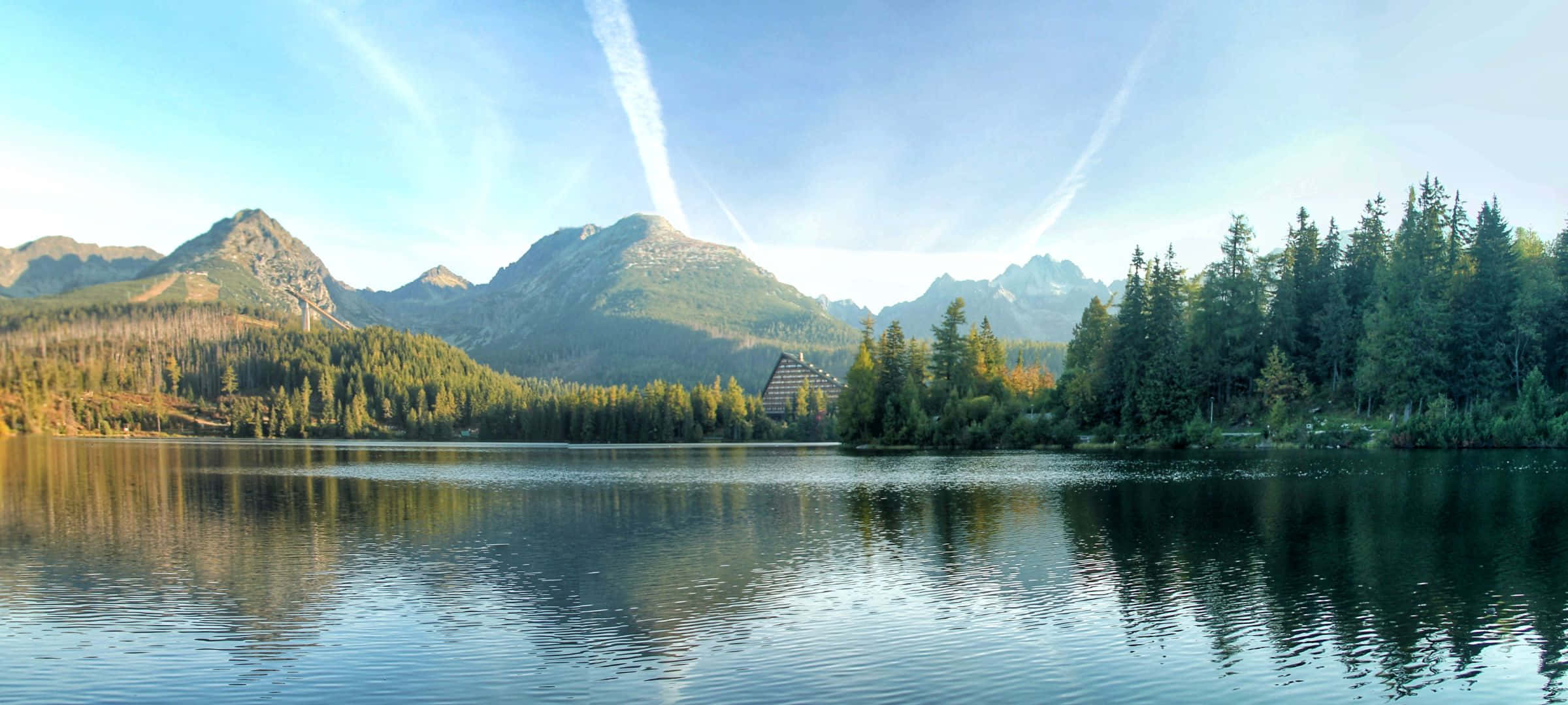 orange sunset, mountain lake, towering peaks, Full HD Desktop Wallpaper