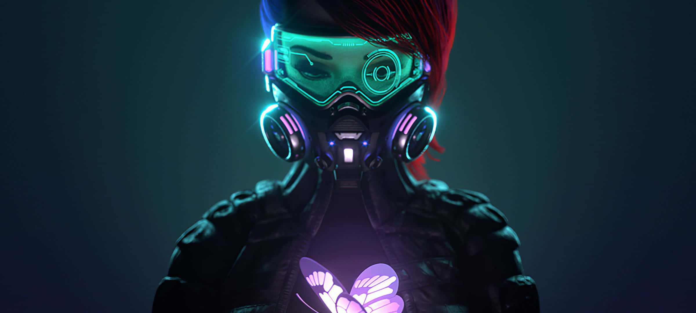 cyberpunk figure, glowing neon goggles, gas mask, Full HD Desktop Wallpaper