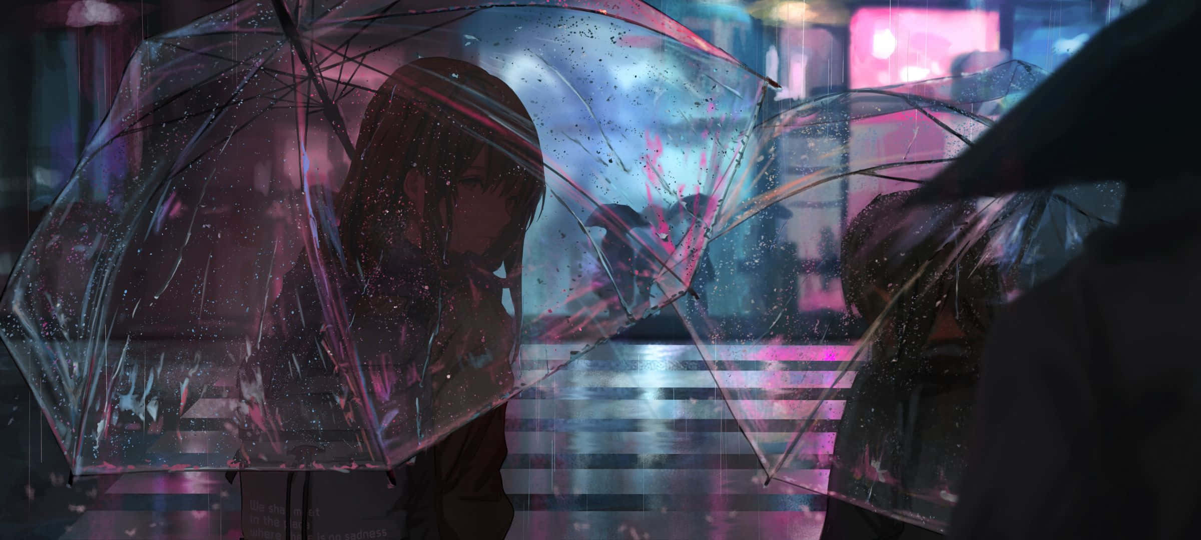 2400x1080, neon-drenched, rainy city street, Full HD Desktop Wallpaper
