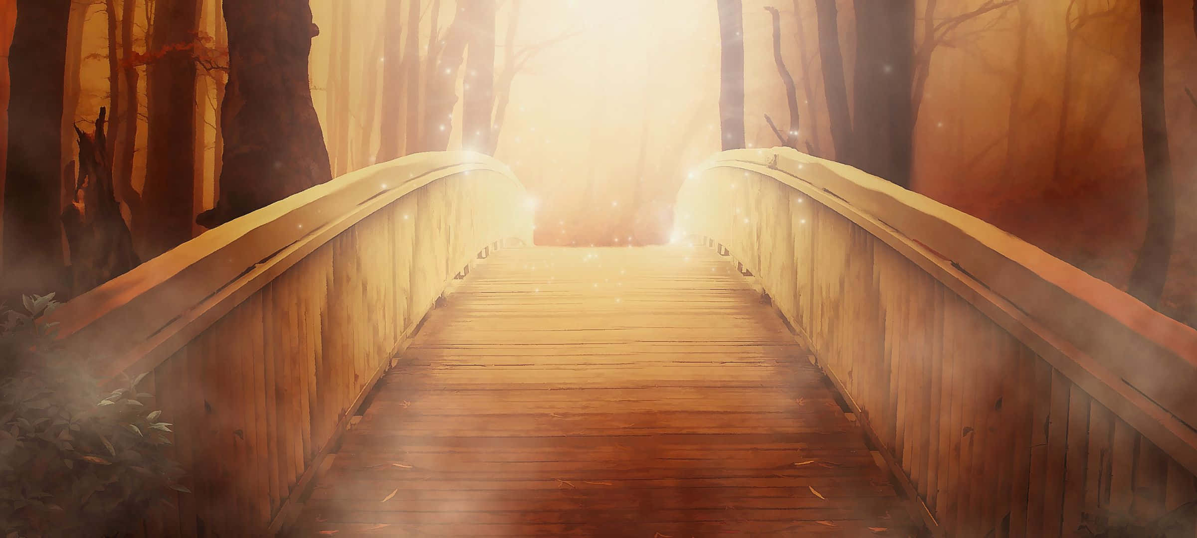 2400x1080, wooden bridge, misty forest, Full HD Desktop Wallpaper