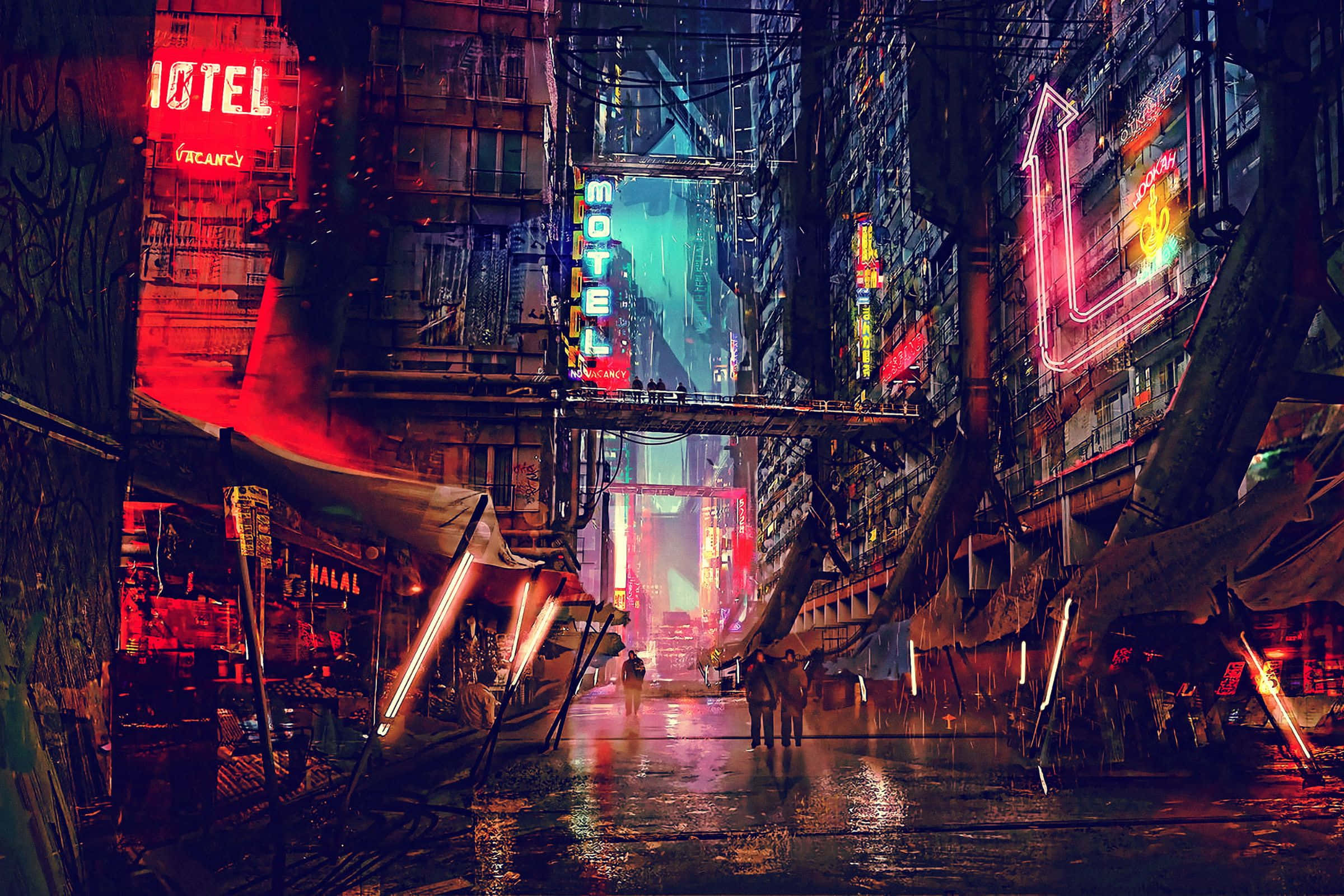 2400x1600, neon-lit alleyway, cyberpunk buildings, Full HD Desktop Wallpaper