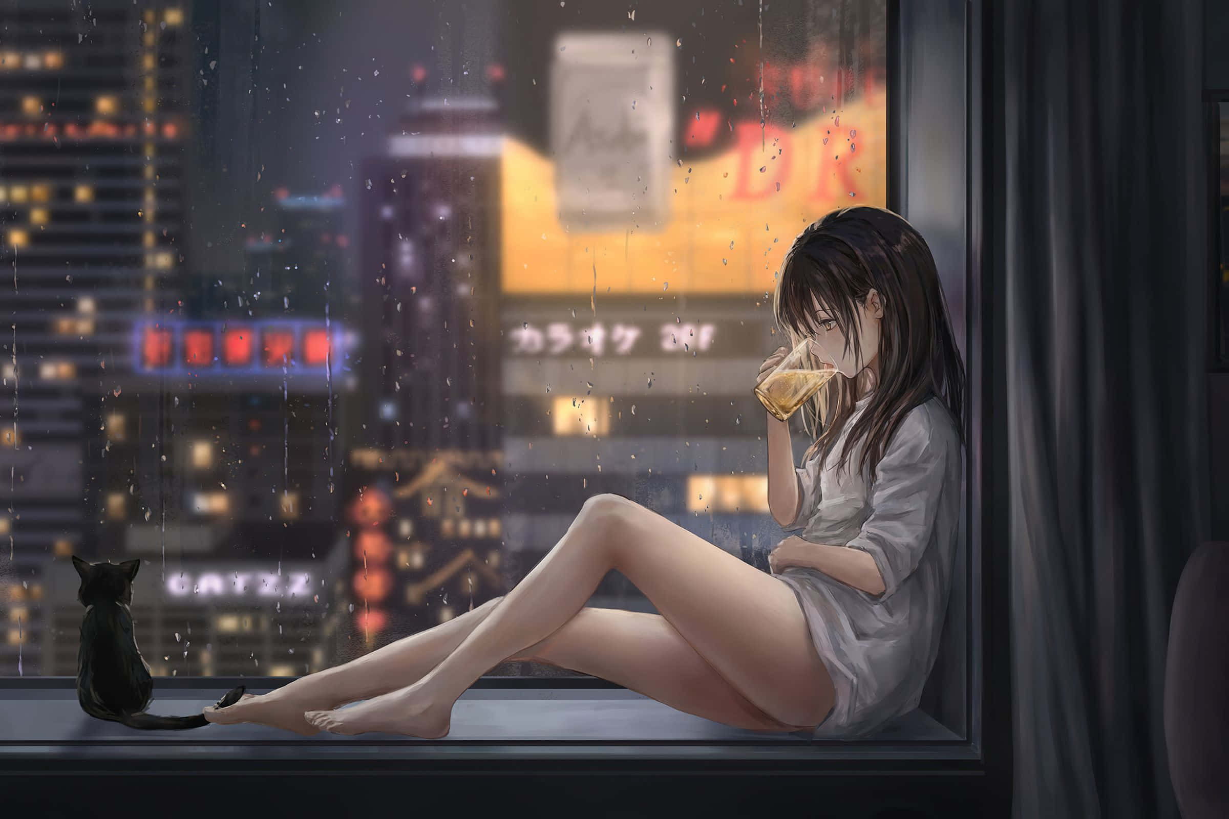 2400x1600, neon-lit city, rain-slicked windowsill, Full HD Desktop Wallpaper