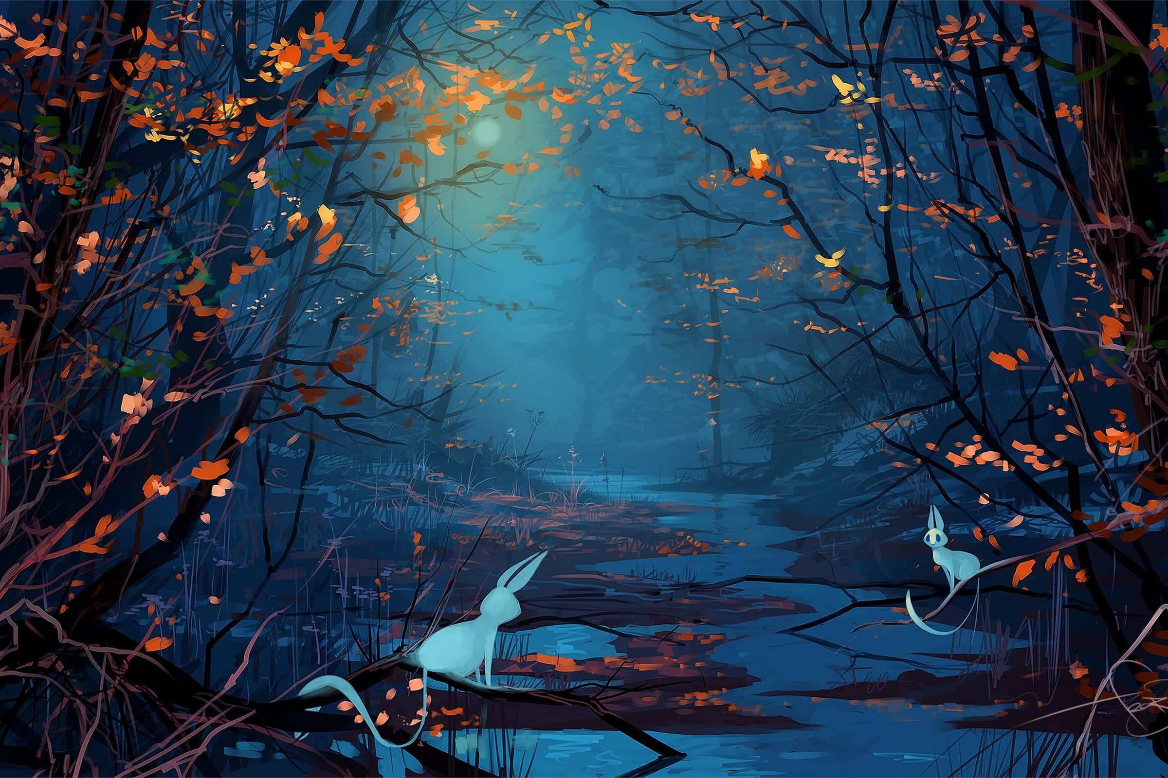 2400x1600, glowing blue foxes, misty stream, Full HD Desktop Wallpaper