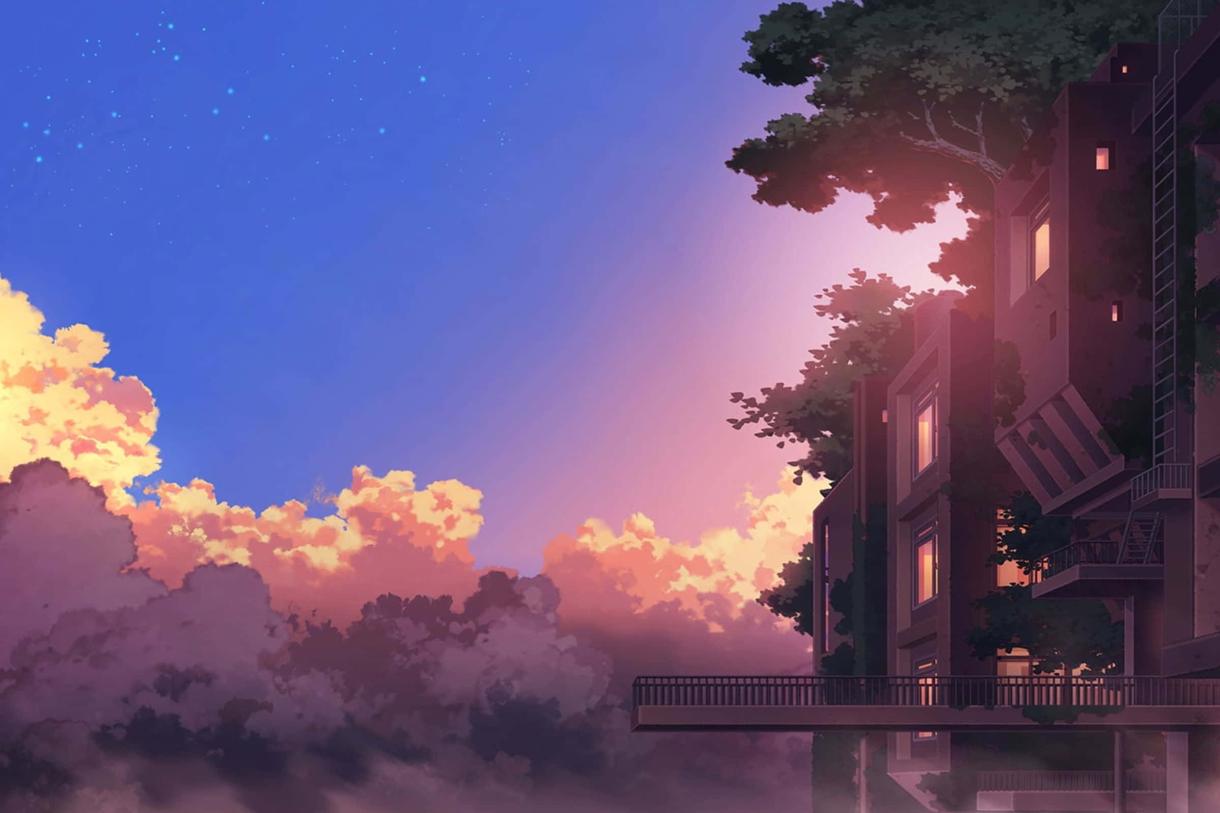 2400x1600, anime-style building, twilight sky, Full HD Desktop Wallpaper